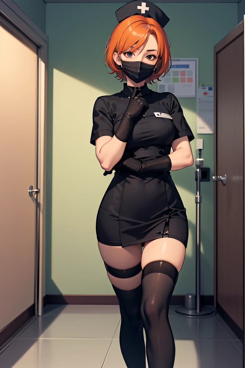 black nurse, 1girl, solo, black nurse cap, black wear, ((black legwear, zettai ryouiki)), black elbow gloves, very short hair, orange hair, ((black surgical mask, covered nose)), standing, ((surgery room)), sharp outline, short sleeves, tomboy, boyish, best quality, masterpiece