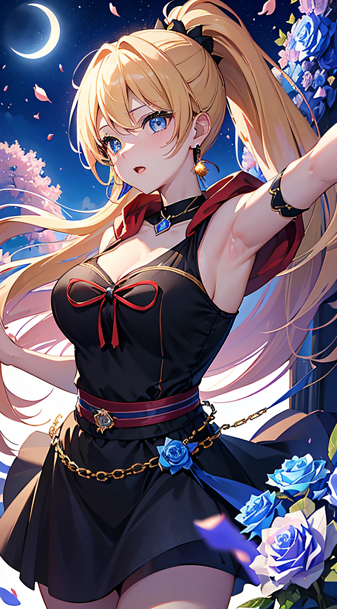 top-quality、Top image quality、masterpiece、girl with((18year old、Best Bust、big bast,Beautiful blue eyes、Breasts wide open, Blonde ponytail、A slender,Large valleys、Black hoodie、Red and black skirt、Sleeveless、Ruby Earrings、Lie on your back))hiquality、Beautiful Art、Background with((Full Moon Night、dancing rose petals、Beautiful night sky、blue rose meadow)))、,masutepiece、visualart、depth of fields、