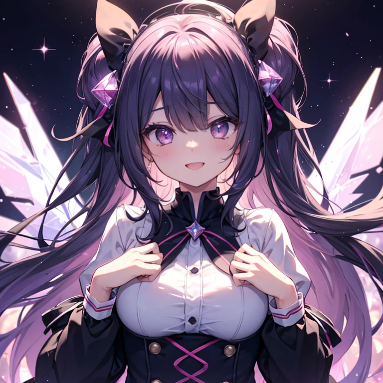 Chest out, absurderes, superfine illustration,rainboweffect, hight resolution, ultra-detailliert,Light diffusion,highly detailed light reflection, Kaleidoscope, Harmonious, Best Shadow, highly detailed very beautiful big smile face, ;D, beautiful growing crystal diamond star pupil,look at viewr, beautiful detailed hair, Solo, Dynamic Pose, beautiful detailed pink and black ribon, beautiful detailed High school uniform, Fantastic and sparkling throughout、Shooting stars and windy background detail background
