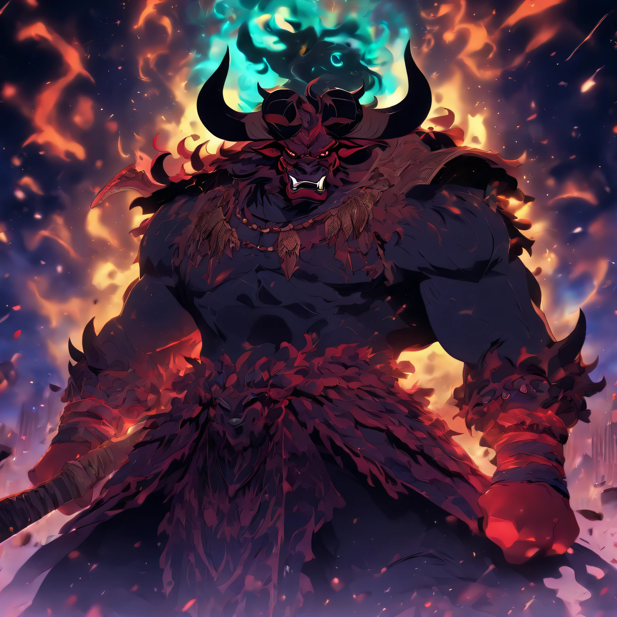 rpg daddy character, half-human demon red skin muscular, long black hair, goatee and mustache, horns pointing forward,big muscle,