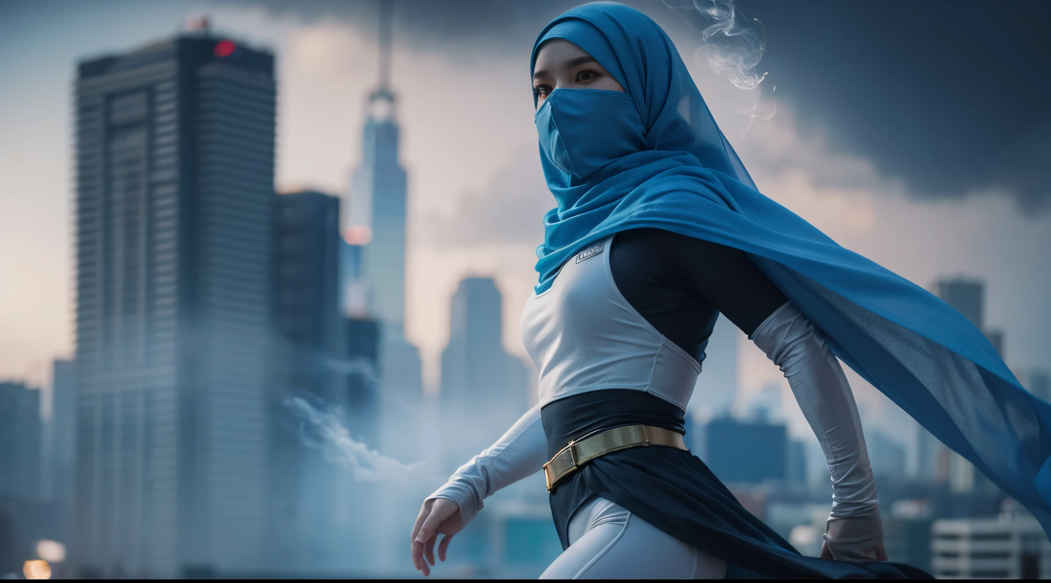 1 malay girl, solo,long big hijab, blue eyes, medium hijab, superhero, blue and white leotard, leggings, boots, hands on hip, top of building, very windy, city background, bokeh, nighttime, high quality, ultra detail, 8k, action pose, cinematic lighting, lot of smoke effect, dramatic action, fighting pose, style raw, Super 8mm lense, Extreme close-up, High Contrast cinematography effect, Natural Lighting, Desaturate color grading, high quality, ultra detail, 8k resolution, using Canon EOS C700,