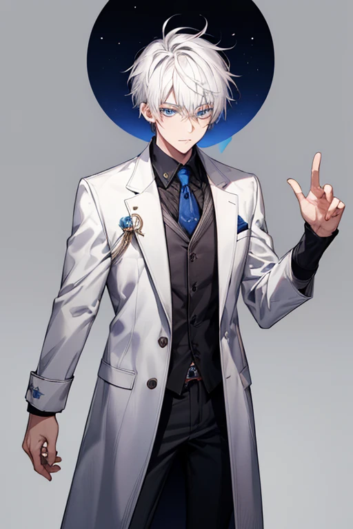 1boys, detailedbackground, White hair, eBlue eyes, Pair it with a white coat, stares at the camera