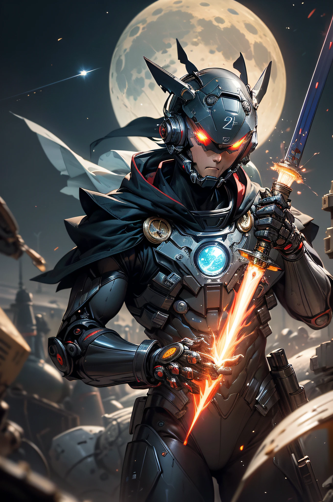 top-quality、Top image quality、​masterpiece、hiquality、Beautiful Art、masutepiece、visualart、depth of fields、male people((in her 20s、well-muscled、Black and red bodysuit、Shout、Laser sword dual wielding、Glowing chest、mechanical cloak、blue eyess、Planktonic、rocket gun on the back)),Background with((Lunar base、battle field、humanoid robot destroyed),
