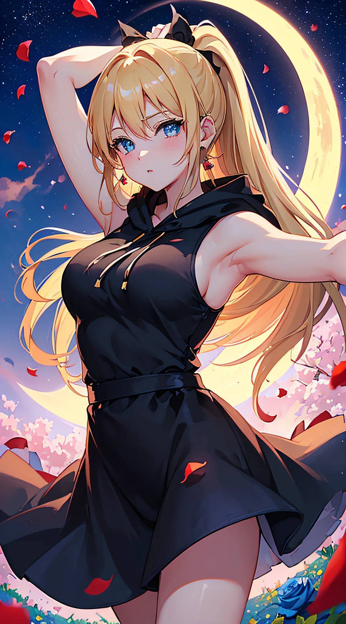 top-quality、Top image quality、​masterpiece、girl with((18year old、Best Bust、big bast,Beautiful blue eyes、Breasts wide open, Blonde ponytail、A slender,Large valleys、Black hoodie、Red and black skirt、Sleeveless、Ruby Earrings、all-fours、Leaning forward)）hiquality、Beautiful Art、Background with((Full Moon Night、dancing rose petals、Beautiful night sky、blue rose meadow)))、,masutepiece、visualart、depth of fields、