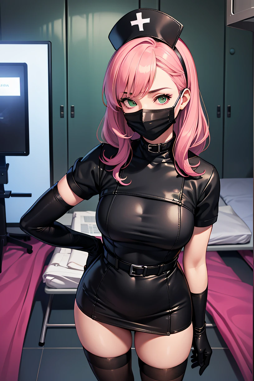 black nurse, 1girl, solo, black nurse cap, black wear, ((black legwear, zettai ryouiki)), black elbow gloves, pink hair, green eyes, drooping eyes, ((black surgical mask, covered nose)), standing, ((surgery room)), sharp outline, short sleeves, best quality, masterpiece