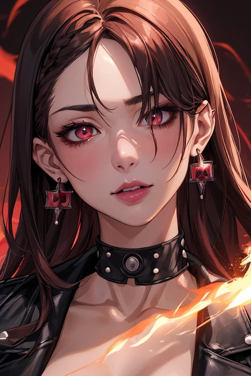 1个Giant Breast Girl, (close face, tmasterpiece, Best quality at best: 1.2), 8K, offcial art, absurd res, Gothic, studded leather jacket and choker, Perforated earrings, (Smokey red eyeshadow with shimmer, Pink lip stain :0. 9), very dark red background, HighDynamicRange, facelight, hyper realisitc, A high resolution, photography of, filmgrain, color difference, Focus sharp, HighDynamicRange, facelight, 动态照明, 电影灯光, professional shadow, dark shadow, The most detailed, The is very detailed, ultra - detailed, finely detailled, realskin, exquisite facial features, Detailed face and eyes, Sharp pupils, realistic student, (brunette color hair: 1.4)