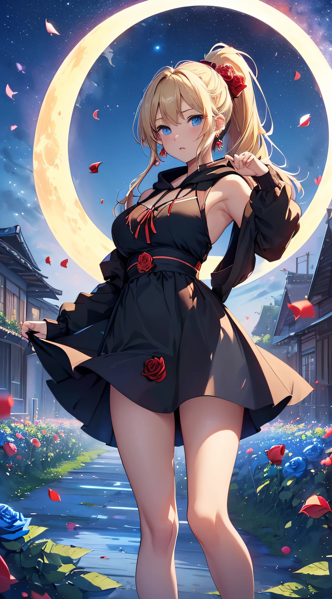 top-quality、Top image quality、masterpiece、girl with((18year old、Best Bust、big bast,Beautiful blue eyes、Breasts wide open, Blonde ponytail、A slender,Large valleys、Black hoodie、Red and black skirt、Sleeveless、Ruby Earrings、lean against the wall))hiquality、Beautiful Art、Background with((Full Moon Night、dancing rose petals、Beautiful night sky)))、,masutepiece、visualart、depth of fields、