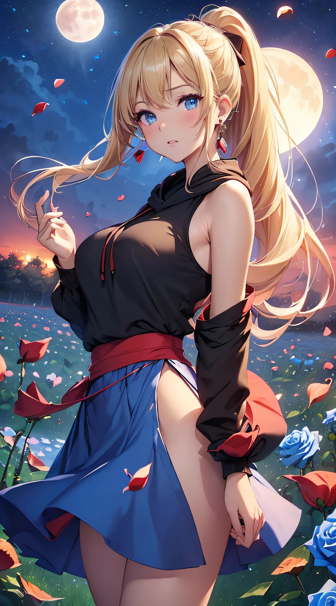 top-quality、Top image quality、masterpiece、girl with((18year old、Best Bust、big bast,Beautiful blue eyes、Breasts wide open, Blonde ponytail、A slender,Large valleys、Black hoodie、Red and black skirt、Sleeveless、Ruby Earrings、all-fours、Leaning forward))hiquality、Beautiful Art、Background with((Full Moon Night、dancing rose petals、Beautiful night sky、blue rose meadow)))、,masutepiece、visualart、depth of fields、