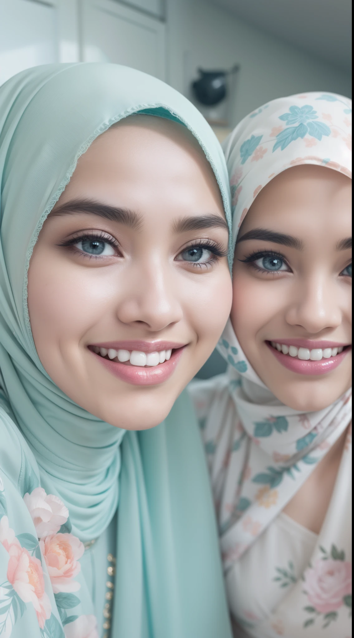 4 beautiful malay girl in light pastel color hijab taking selfie in modern kitchen, wear pastel blue and white floral pattern baju kurung, friendly and laughing situation, laughing, happy, modern pastel color kitchen, detailed skin texture, soft lighting, pastel color theme,Super 8mm lense, Extreme close-up, deep focus cinematography effect, Natural Lighting, pastel color grading, high quality, ultra detail, 8k resolution