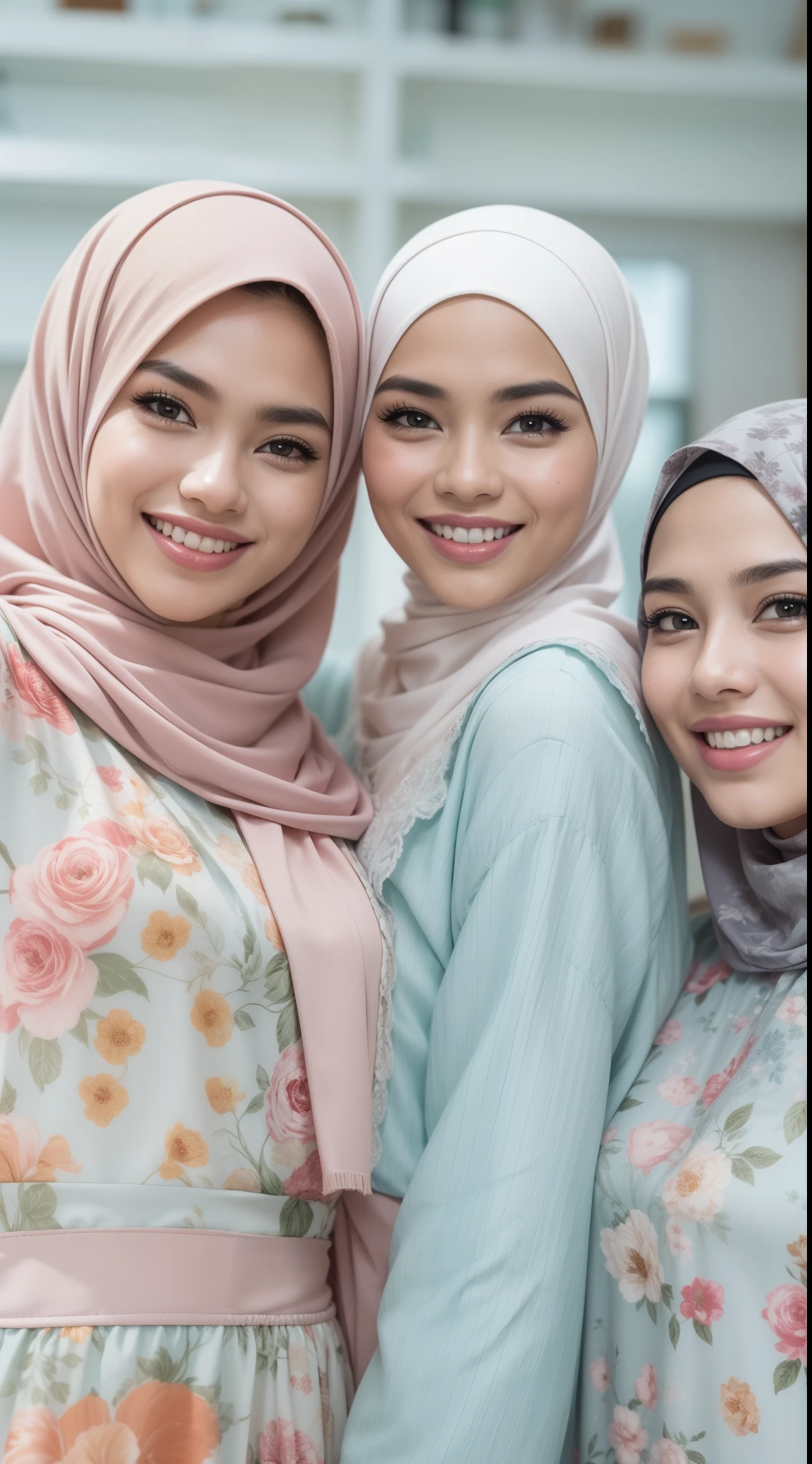 4 beautiful malay girl in light pastel color hijab taking selfie in modern kitchen, wear pastel blue and white floral pattern baju kurung, friendly and laughing situation, laughing, happy, modern pastel color kitchen, detailed skin texture, soft lighting, pastel color theme,Super 8mm lense, Extreme close-up, deep focus cinematography effect, Natural Lighting, pastel color grading, high quality, ultra detail, 8k resolution