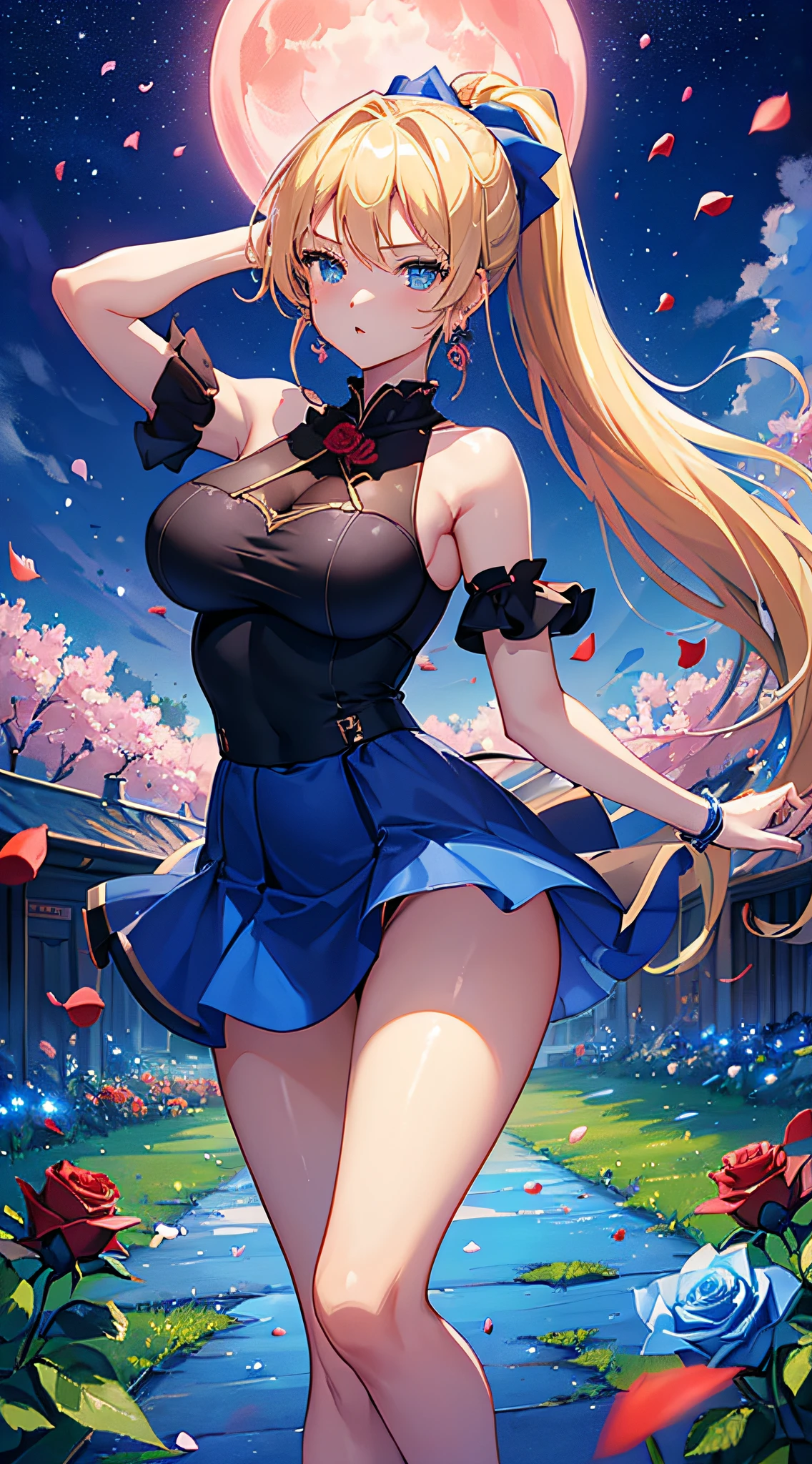 top-quality、Top image quality、masterpiece、girl with((18year old、Best Bust、big bast,Beautiful blue eyes、Breasts wide open, Blonde ponytail、A slender,Large valleys、Black hoodie、Red and black skirt、Sleeveless、Ruby Earrings、all-fours、Leaning forward))hiquality、Beautiful Art、Background with((Full Moon Night、dancing rose petals、Beautiful night sky、blue rose meadow)))、,masutepiece、visualart、depth of fields、