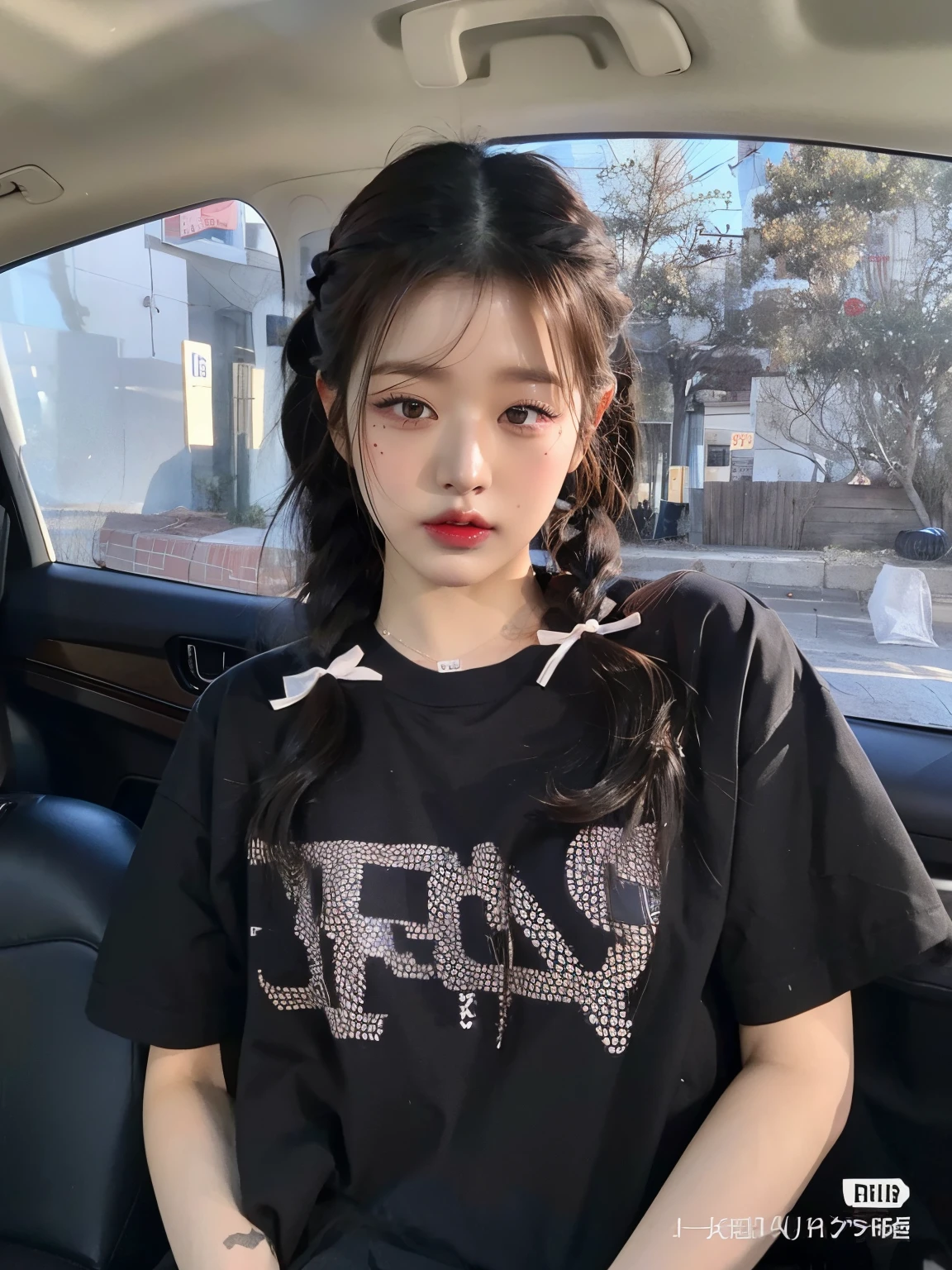 arafed asian woman sitting in a car wearing a black shirt, peinado de coletas, Dos coletas peinado, con coletas negras, Ella lleva ropa de calle, Peinado twintails, tzuyu de dos veces, ulzzang, cruel korean goth girl, Blackpink Jennie, Xintong Chen, pelo corto de coletas, Jisoo de Blackpink, dilraba dilmurat