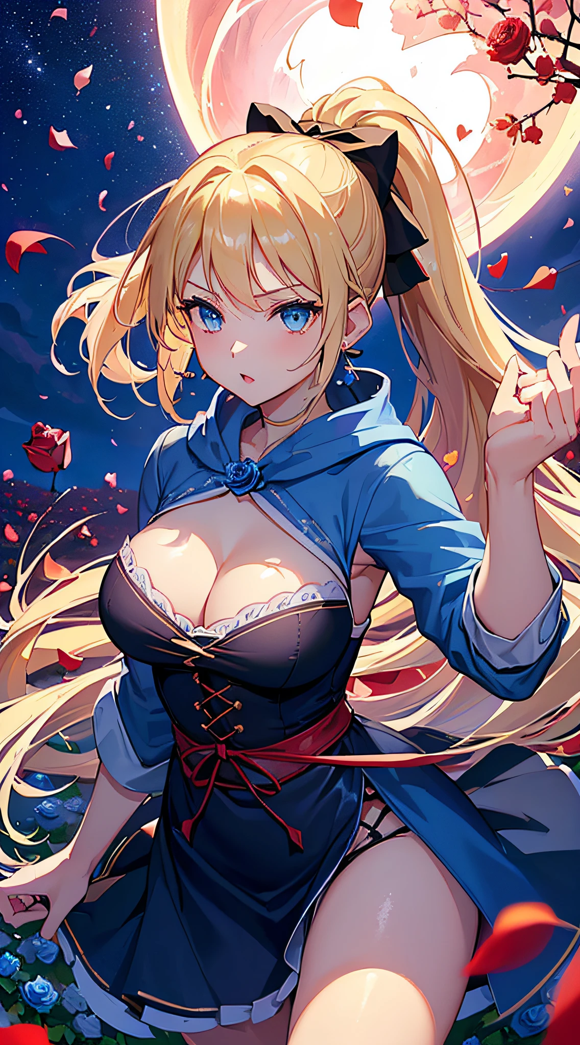 top-quality、Top image quality、​masterpiece、girl with((18year old、Best Bust、big bast,Beautiful blue eyes、Breasts wide open, Blonde ponytail、A slender,Large valleys、Black hoodie、Red and black skirt、Sleeveless、Ruby Earrings、all-fours、Leaning forward)）hiquality、Beautiful Art、Background with((Full Moon Night、dancing rose petals、Beautiful night sky、blue rose meadow)))、,masutepiece、visualart、depth of fields、