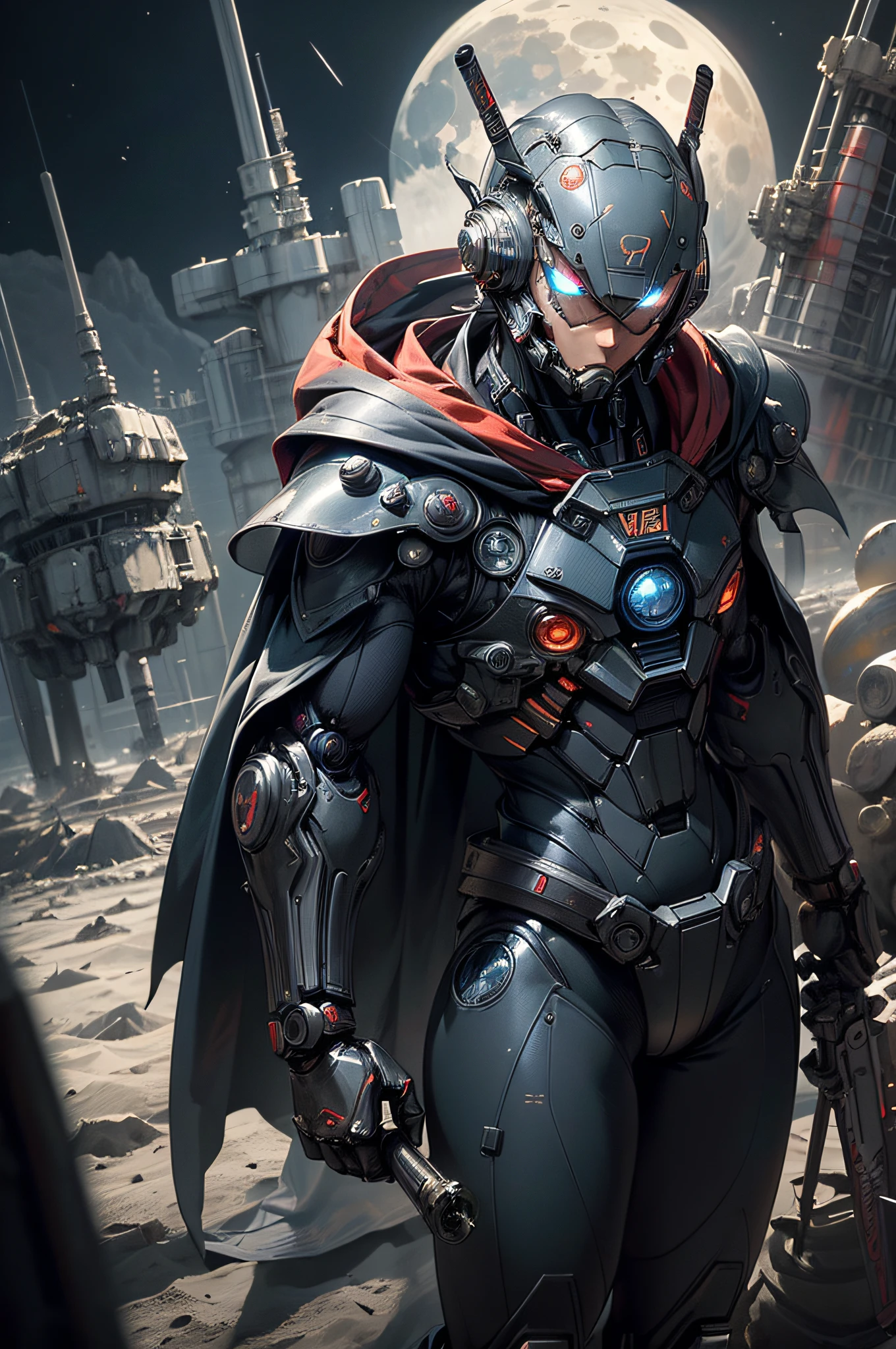 top-quality、Top image quality、masterpiece、hiquality、Beautiful Art、masutepiece、visualart、depth of fields、male people((in her 20s、well-muscled、Black and red bodysuit、Shout、Laser sword dual wielding、Glowing chest、mechanical cloak、blue eyess、Planktonic、Rocket gun on the back)),Background with((Lunar base、battle field、humanoid robot destroyed),