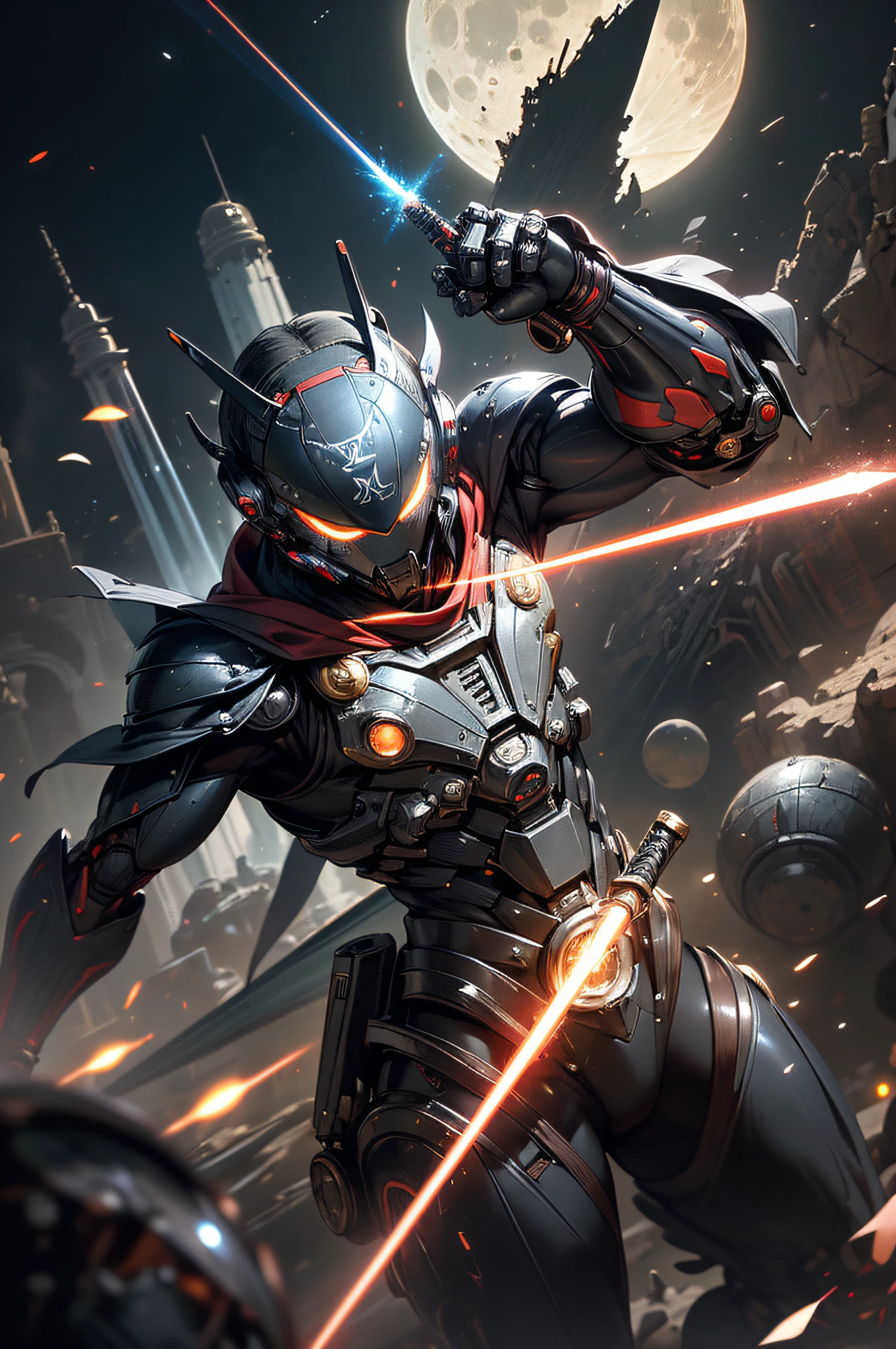 top-quality、Top image quality、masterpiece、hiquality、Beautiful Art、masutepiece、visualart、depth of fields、male people((in her 20s、well-muscled、Black and red bodysuit、Shout、Laser sword dual wielding、Glowing chest、mechanical cloak、blue eyess、Planktonic、Rocket gun on the back)),Background with((Lunar base、battle field、humanoid robot destroyed),