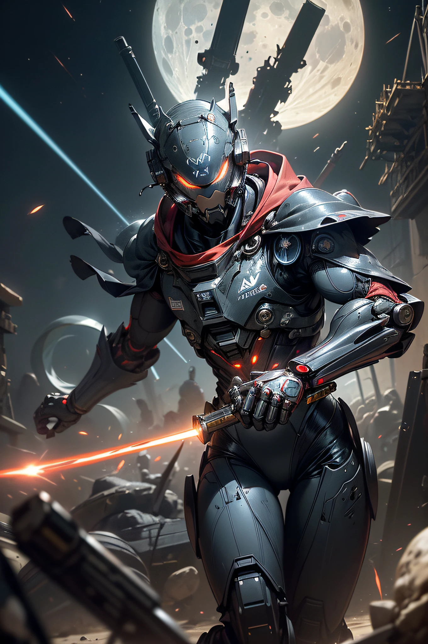 top-quality、Top image quality、​masterpiece、hiquality、Beautiful Art、masutepiece、visualart、depth of fields、male people((in her 20s、well-muscled、Black and red bodysuit、Shout、Laser sword dual wielding、Glowing chest、mechanical cloak、blue eyess、Planktonic、Rocket gun on the back)),Background with((Lunar base、battle field、humanoid robot destroyed),
