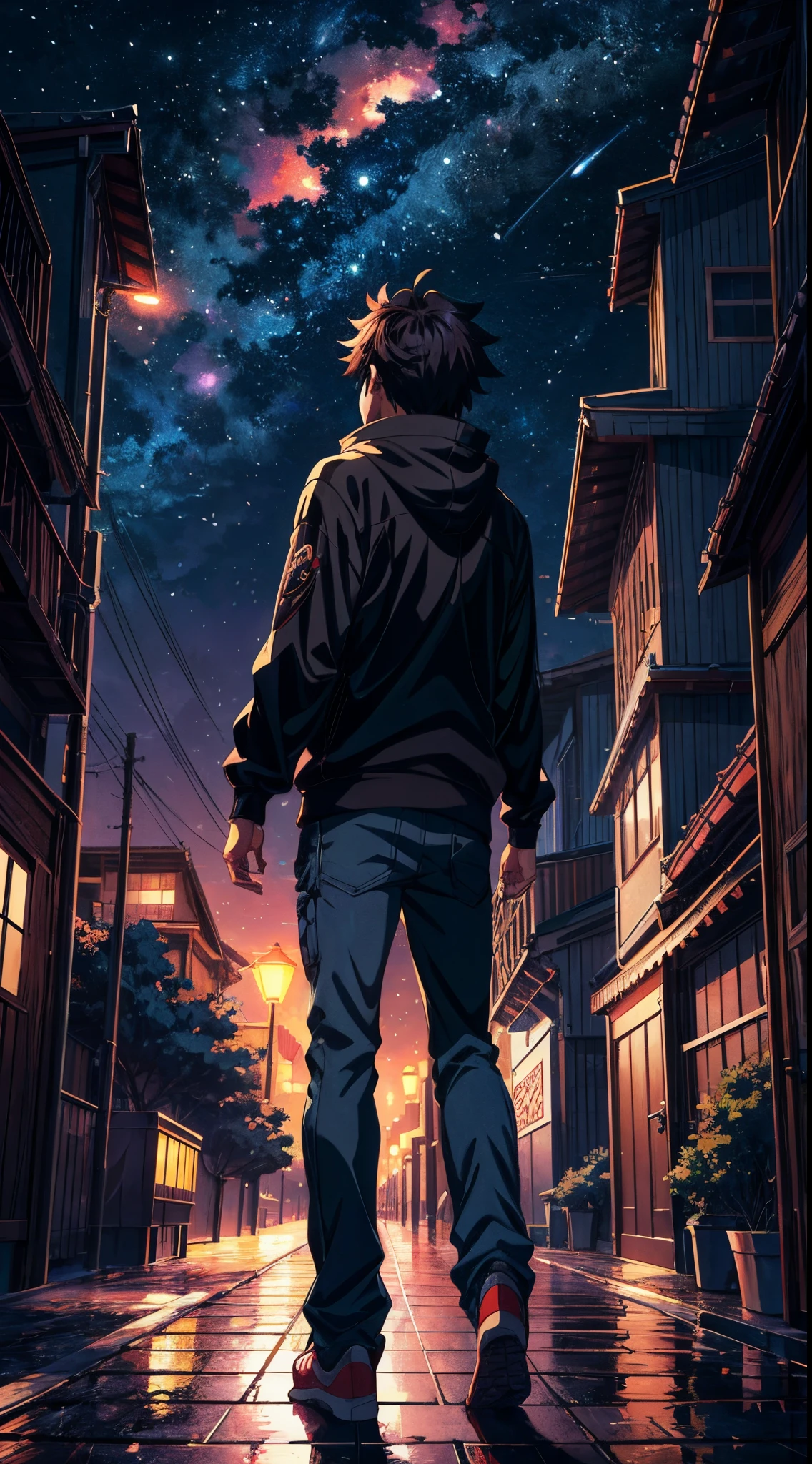 Anime boy standing in a big city and looking at the night sky, makoto shinkai cyril rolando, anime art wallpaper 4k, anime art wallpaper 4k, Anime art wallpaper 8k, inspired by Cyril Rolando, in the style dan mumford artwork, amazing wallpapers,Has a sad look,