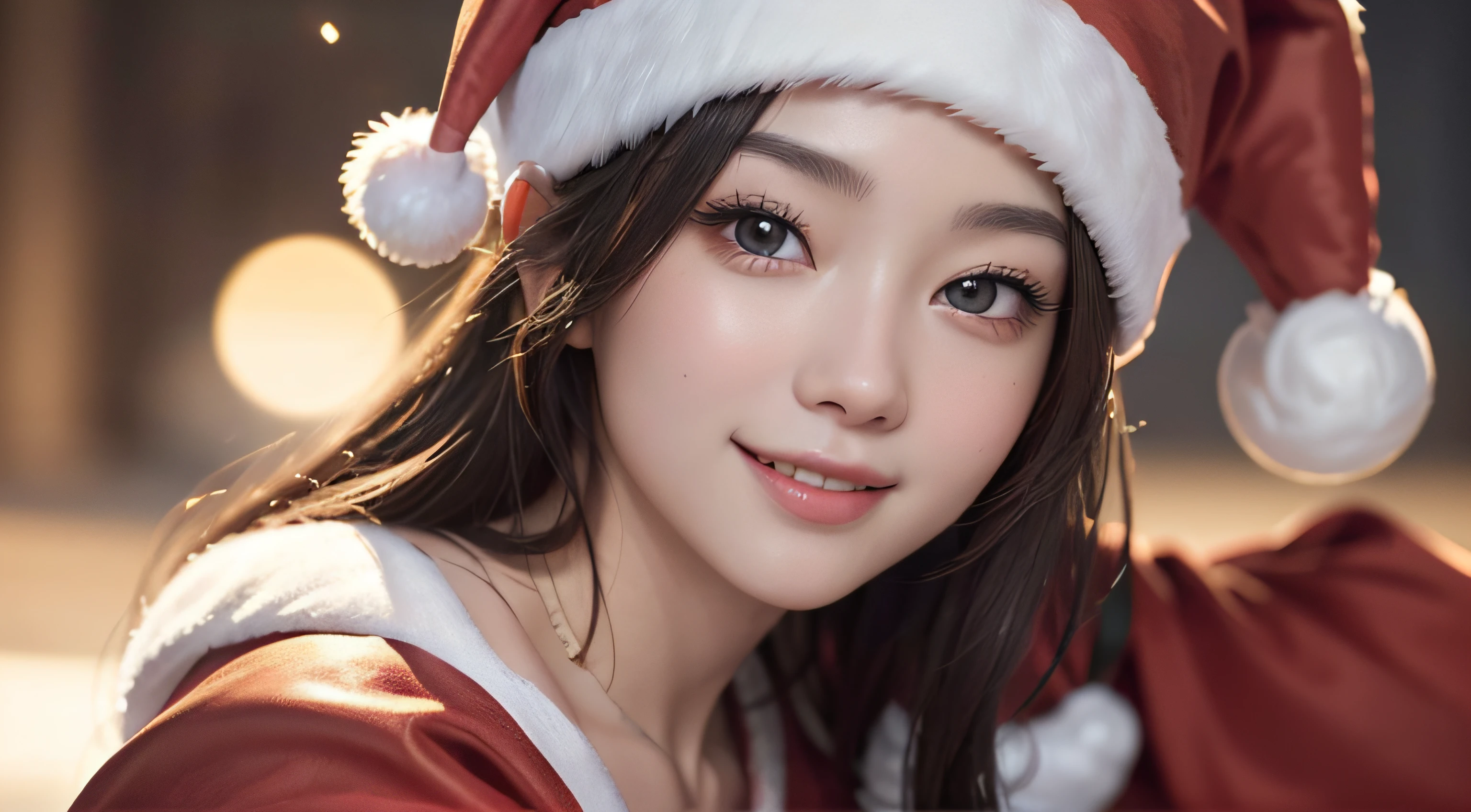 (Santa Cos:1.3)、Christmas、a beautiful detailed girl、extremely detailed eye and face、beatiful detailed eyes、hight resolution、hight resolution、8k wallpaper、finely detail、A highly detailed,8k wallpaper、Light on the face、电影灯光、(photorealisim:1.4)、​masterpiece、smile