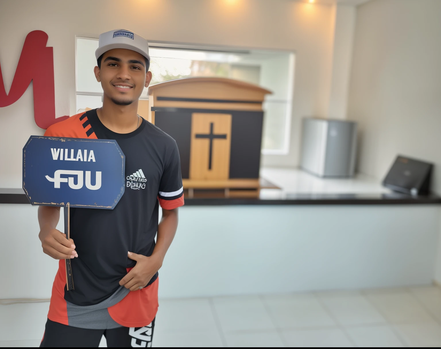 there is a young man holding a sign in a room, foto de perfil 1024px, caio santos, inspirado em Nathan Oliveira, edu souza, por Julius como se, Directed by: Willian Murai, Directed by: Samuel Silva, Directed by: Emerson Silva, segurando um par de ventiladores. irreal 5, inspirado em Willian Murai