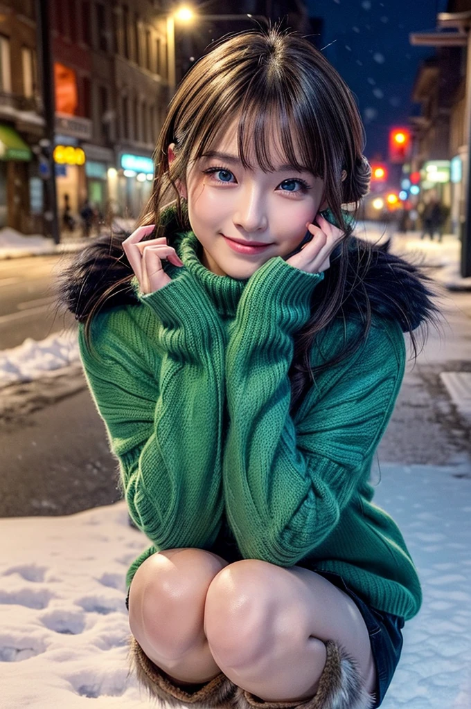 (masutepiece:1.3, Photorealsitic:1.4, 8K), top-quality, masterpiece, 超A high resolution, Perfect dynamic composition, Highly detailed skin and facial texture:1.3, A detailed eye, Detailed limbs, It's snowing:1.2, A night street corner in a snowy country:1.2, 1girl in, Cute sexy 22 year old slim woman, Fair skin, tilt the neck, ((voluptuous breasts:0.9), ((A smile:0.9, Totally seduces you:1.1)), (wearing a fluffy fur coat:1.3), (Wearing a yellow-green long-sleeved turtleneck sweater:1.1, a miniskirt), Short boots, (Facing the front, Squat with your knees bent), (Beautiful blue eyes, Eyes that feel beautiful eros:0.85), Sexy face:0.4, (A mouthfeel that feels beautiful eros:0.85), ((Too erotic:0.9))