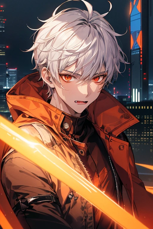 {{top-quality,masterpiece,8k wallpaper}},top-quality,Ultra-detailed CG Unity,电影灯光,((1 ager)),a handsome,youthfulenergy,A 20-year-old boy,Elongated,looking at the camera in,Stirring,Stick out her tongue,Lightweight,closeup of face,{{sunburnt skin,Bronzed skin,Arabia}},a sharp gaze,((Red and orange eyes)),On top of the building in the cyberpunk city at night,platinum silver hair,short detailed hair,Parka,Earphone,perfect hand,Black Boy.
