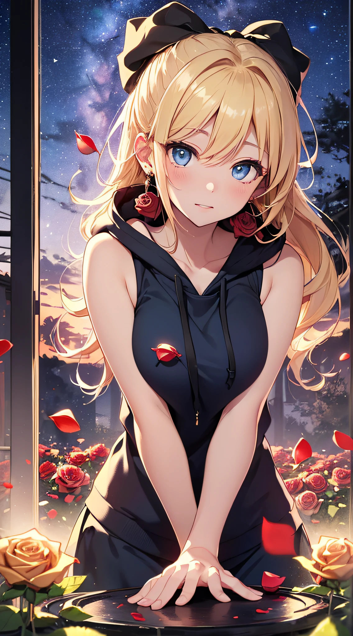 top-quality、Top image quality、​masterpiece、girl with((18year old、Best Bust、big bast,Beautiful blue eyes、Breasts wide open, Blonde ponytail、A slender,Large valleys、Black hoodie、Red and black skirt、Sleeveless、Ruby Earrings、all-fours、Leaning forward)）hiquality、Beautiful Art、Background with((Full Moon Night、dancing rose petals、Beautiful night sky、blue rose meadow)))、,masutepiece、visualart、depth of fields、