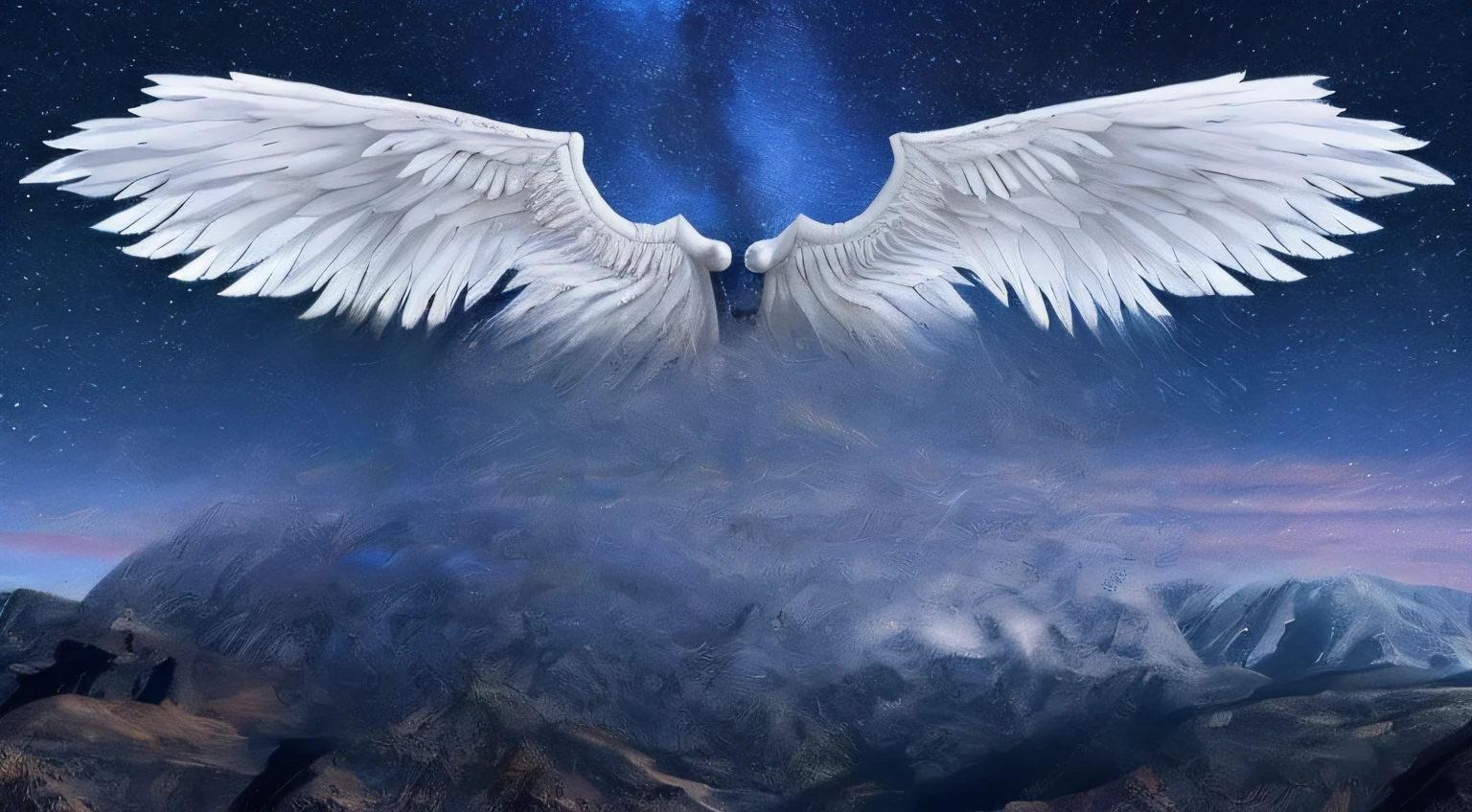 wings of an angel flying over a mountain with a starry sky, infinite angelic wings, Asas de Anjo Infinitas, Asas Angelicais, asas de anjo grande bem abertas, Asas de Anjo, angels in the sky, 2 anjos, ophanim has bird wings, beautiful angelic wings, massive angel wings, angel spirit guide, Asas Brancas, ethereal wings, asas de anjo grande, angelic