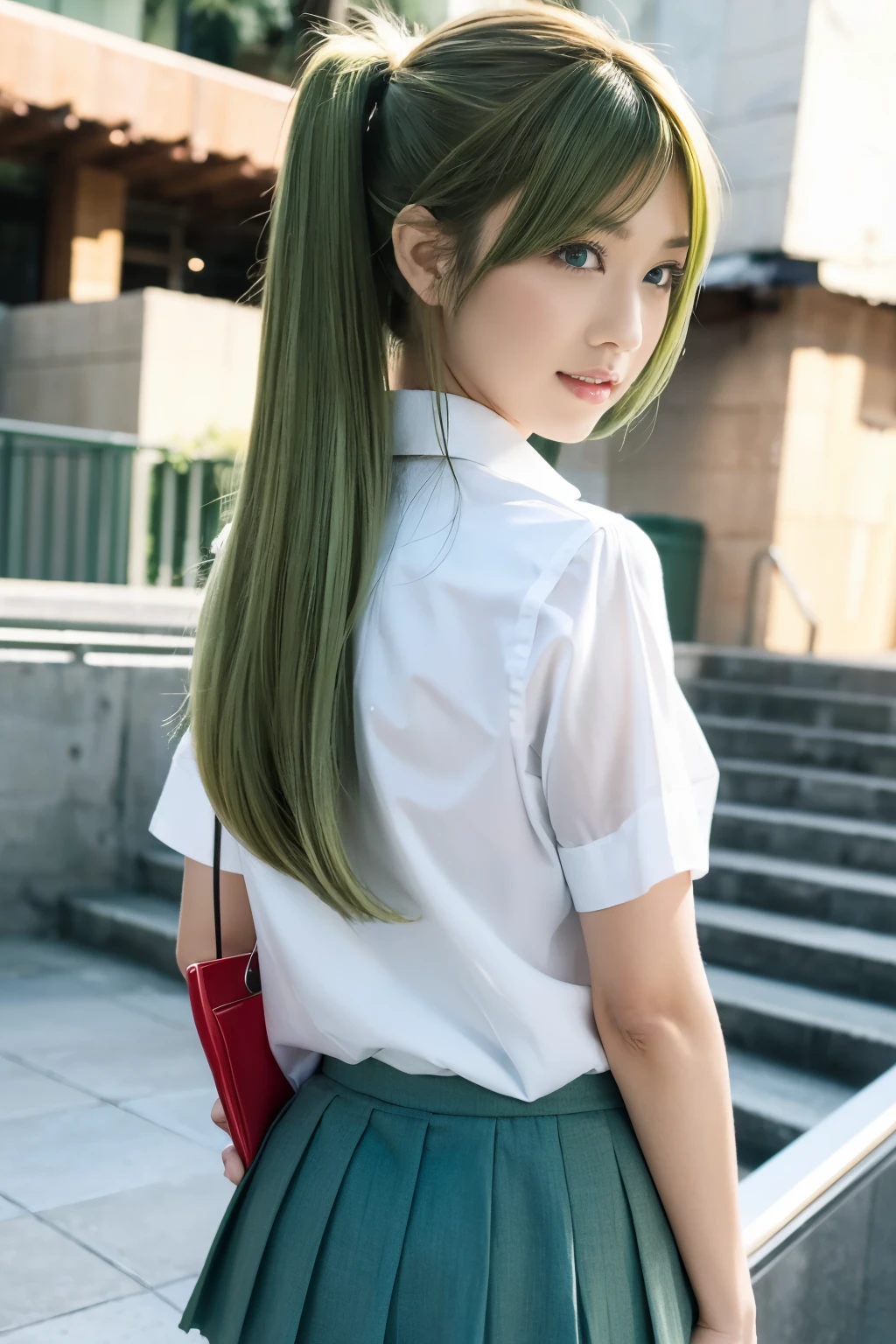Yukana Yame, Yukana Yame, Long hair, Bangs, Blonde hair, hair between eye, (Green eyes:1.5), Ponytail, multicolored hair, Scrunchie, High Ponytail, lip stick, gals, Kogal, makeup,BREAK skirt, Shirt, Jewelry, School uniform, 鎖骨, White shirt, Pleated skirt, Collared shirt, Miniskirt, Bracelet, Green skirt,Naughty big、large full breasts、BREAK looking at viewer, Full body,BREAK (masutepiece:1.2), Best Quality, High resolution, Unity 8k壁纸, (Illustration:0.8), (Beautiful detailed eyes:1.6), extra detailed face, Perfect Lighting, extremely details CG, (Perfect hands, Perfect Anatomy),Smile with open mouth、Stand on the escalator, (By up escalator), (lower body shot), Thigh Focus, (taken from the under:1.3), (view from back:1.3)、 (Red panties:1.3)、(Skirt that rolls up:1.3)、(Fully exposed panties:1.5),,plein air、outside of house、
