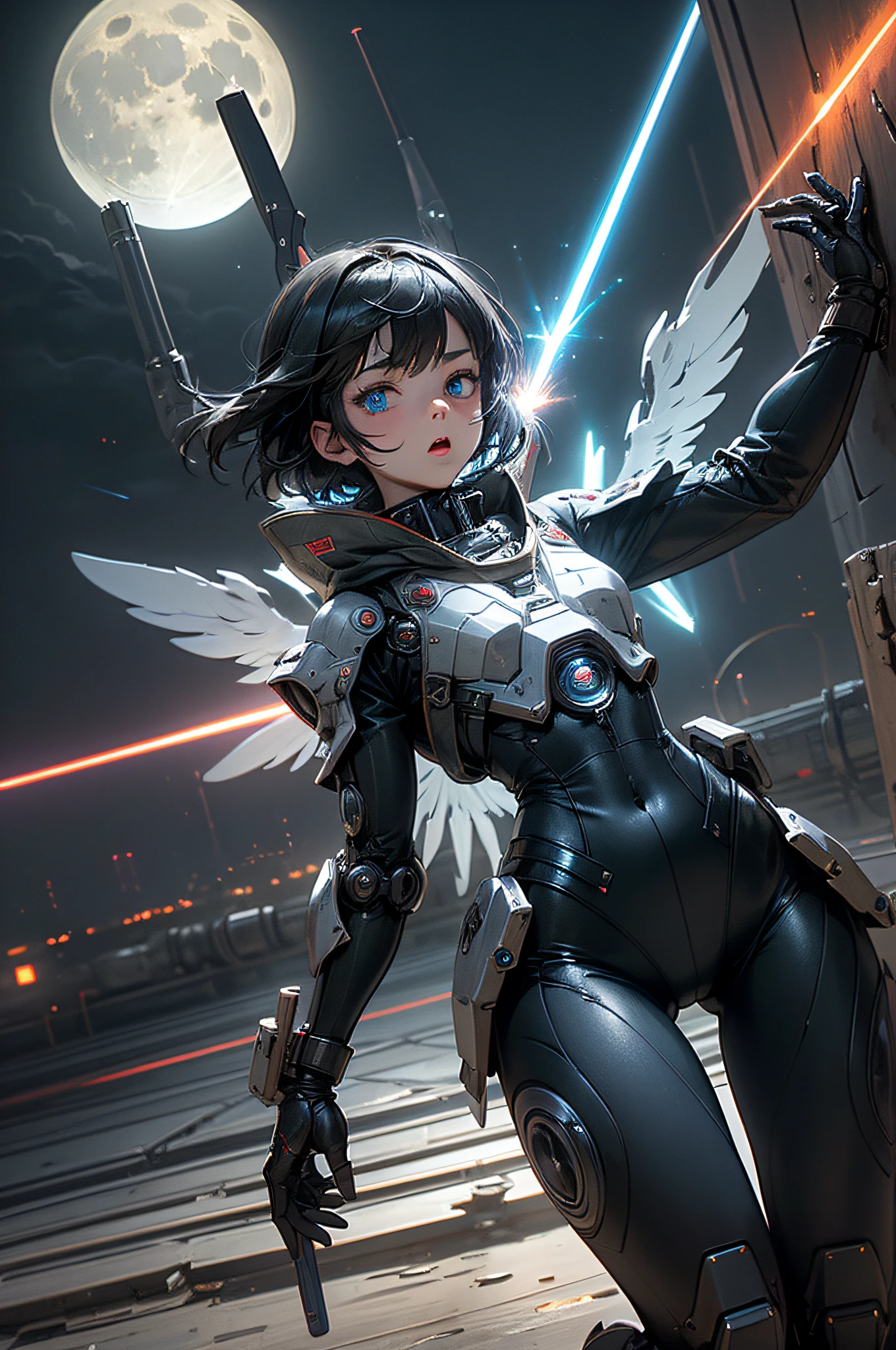 top-quality、Top image quality、masterpiece、hiquality、Beautiful Art、masutepiece、visualart、depth of fields、male people((in her 20s、well-muscled、Black bodysuit、Shout、Laser sword dual wielding、Glowing chest、Mechanical wings、blue eyess、Planktonic、Rocket gun on the back)),Background with((Lunar base、battle field、humanoid robot destroyed),
