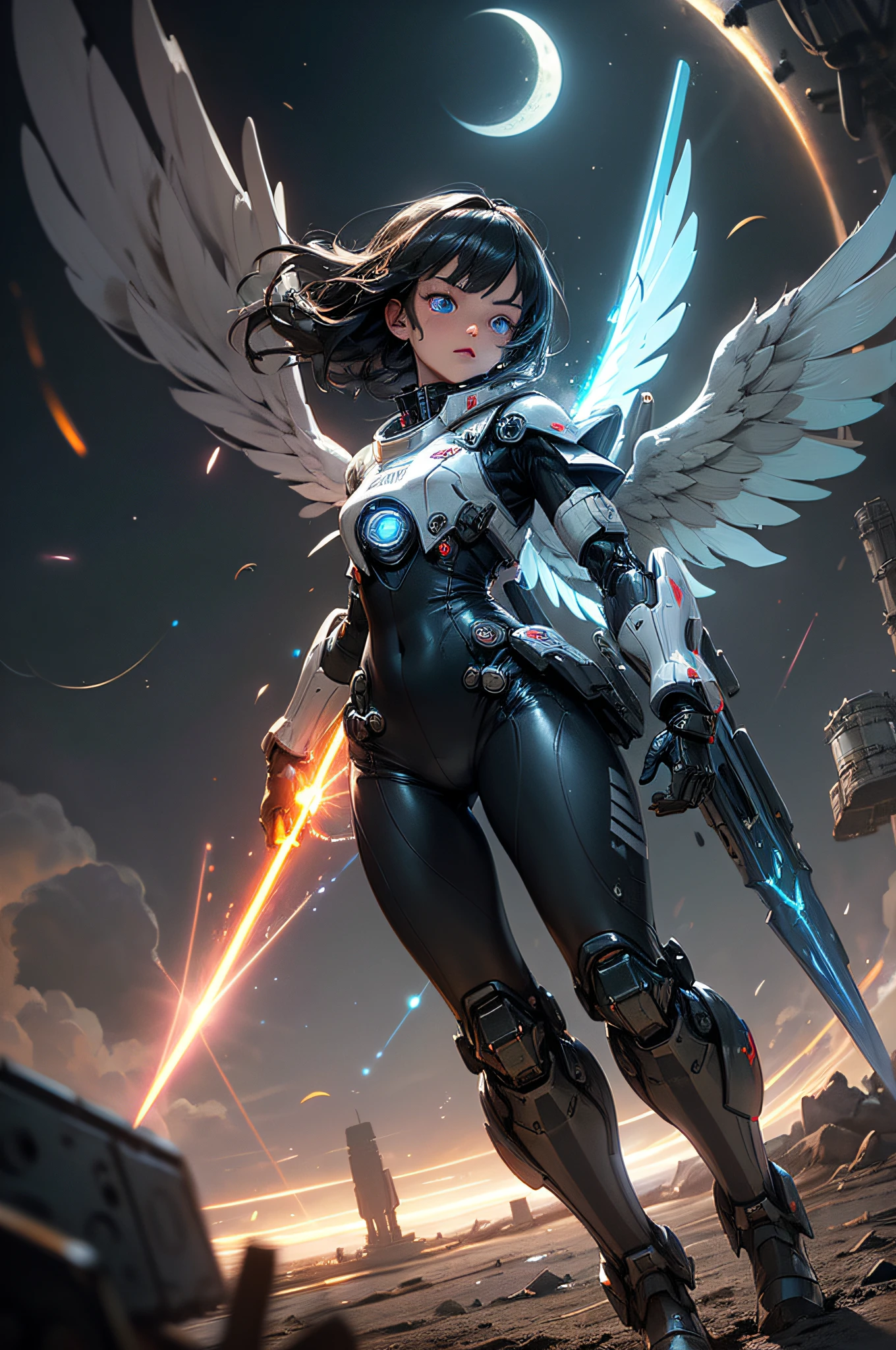 top-quality、Top image quality、masterpiece、hiquality、Beautiful Art、masutepiece、visualart、depth of fields、male people((in her 20s、well-muscled、Black bodysuit、Shout、Laser sword dual wielding、Glowing chest、Mechanical wings、blue eyess、Planktonic、Rocket gun on the back)),Background with((Lunar base、battle field、humanoid robot destroyed),