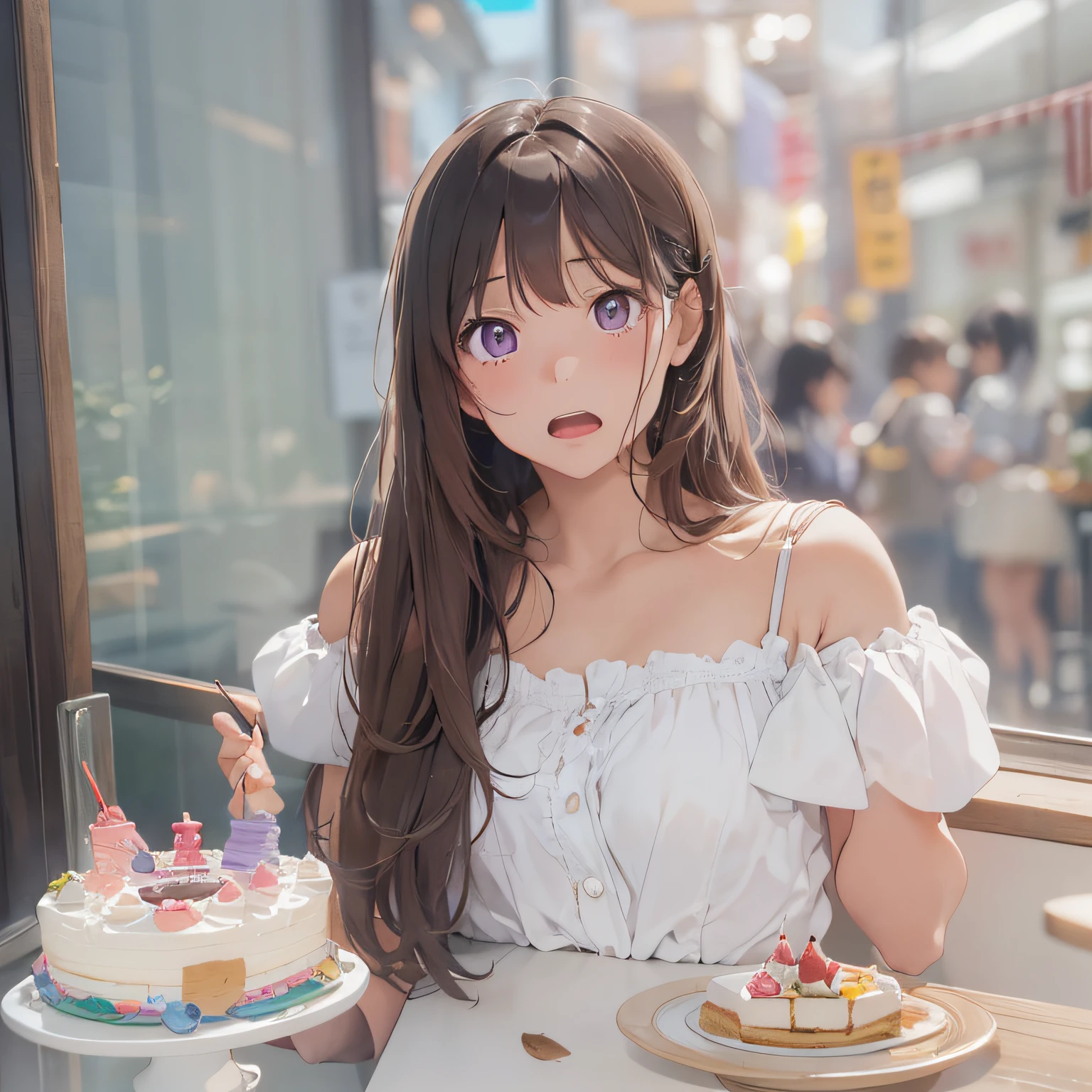 masterpiece、top-quality、(brown colored long hair、I have bangs:1.1)、25 year old woman with purple eyes、Wearing a white off-the-shoulder blouse、(emphasis on the chest:1.1)、(Embarrassed expression:1.3)、(Staring:1.5)、(Close-up of the subject's face:1.3)、is standing、five perfect and beautiful fingers、Place the camera above the subject、The background is a cake shop、Bold composition、Upper body is shown、Alone