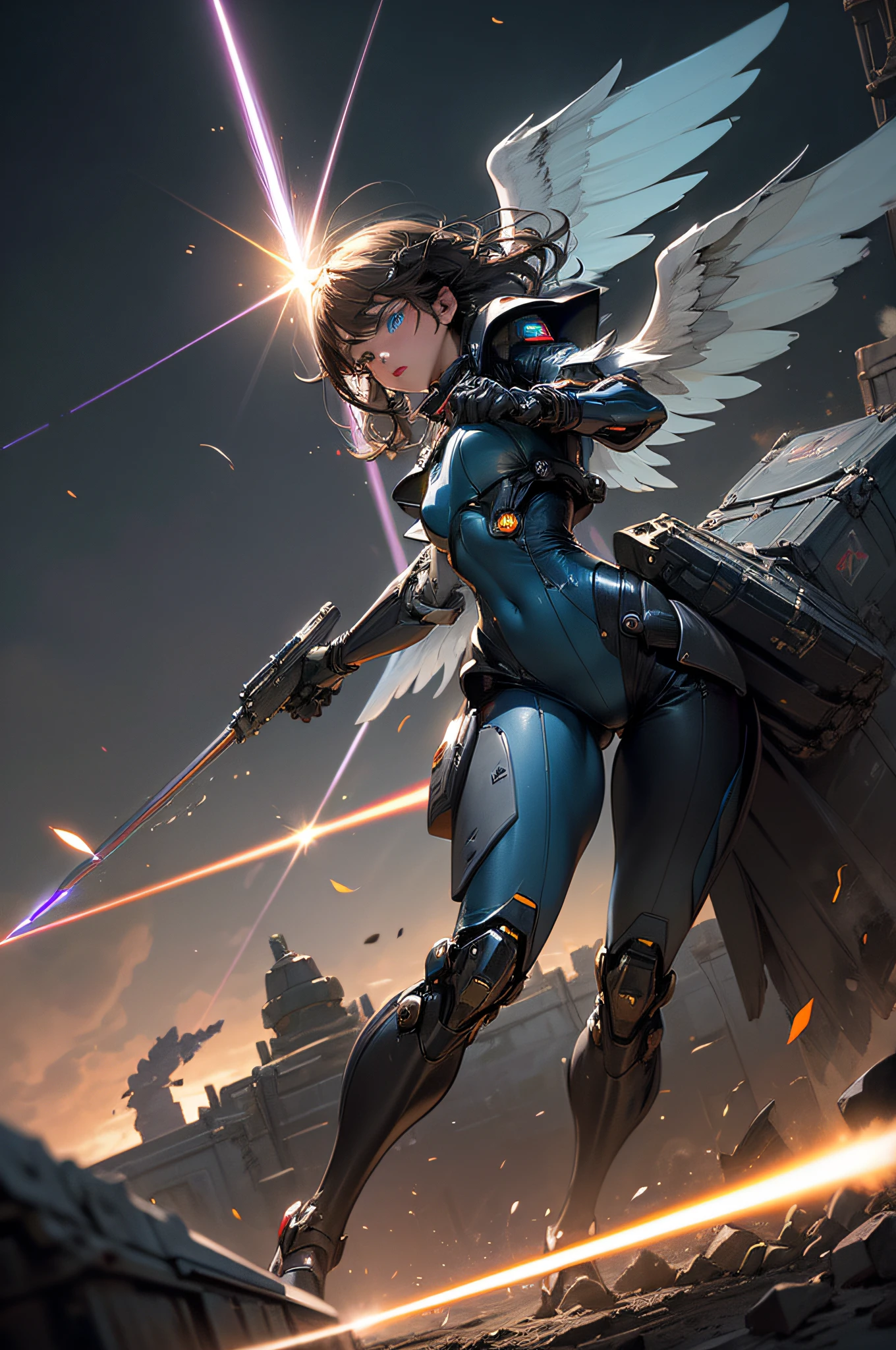 top-quality、Top image quality、masterpiece、hiquality、Beautiful Art、masutepiece、visualart、depth of fields、male people((in her 20s、well-muscled、Black bodysuit、Shout、Laser sword dual wielding、Glowing chest、Mechanical wings、blue eyess、Planktonic、Rocket gun on the back)),Background with((Lunar base、battle field、humanoid robot destroyed),