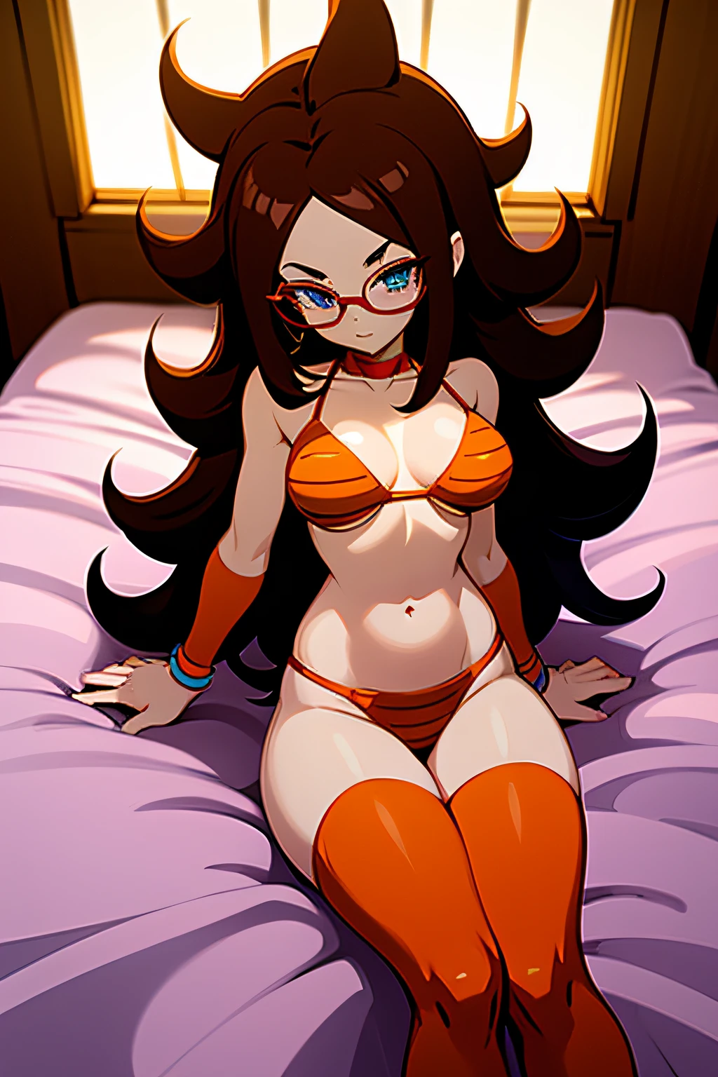 android 21(dragonballz), thick thighs, brown hair, long hair, blue eyes, glasses, stripped bikini, red and blue bikini, bedroom, stockings, female focus, wide hips, hips, lying down, spred legs