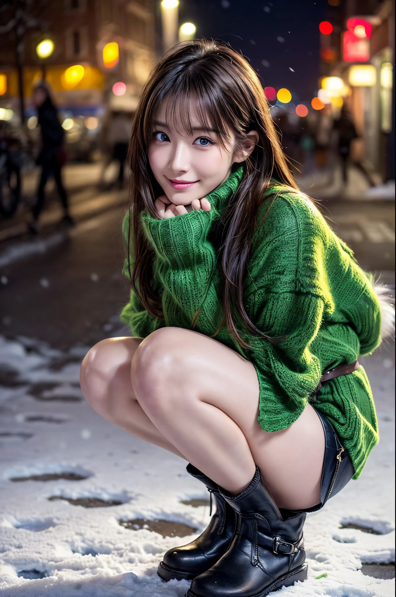 (masutepiece:1.3, Photorealsitic:1.4, 8K), top-quality, ​masterpiece, 超A high resolution, Perfect dynamic composition, Highly detailed skin and facial texture:1.3, A detailed eye, Detailed limbs, It's snowing:1.2, A night street corner in a snowy country:1.2, 1girl in, Cute sexy 22 year old slim woman, Fair skin, tilt the neck, ((voluptuous breasts:0.9), ((A smile:0.9, Totally seduces you:1.1)), (wearing a fluffy fur coat:1.3), (Wearing a yellow-green long-sleeved turtleneck sweater:1.1, a miniskirt), Short boots, (Facing the front, Squat with your knees bent), (Beautiful blue eyes, Eyes that feel beautiful eros:0.85), Sexy face:0.4, (A mouthfeel that feels beautiful eros:0.85), ((Too erotic:0.9))