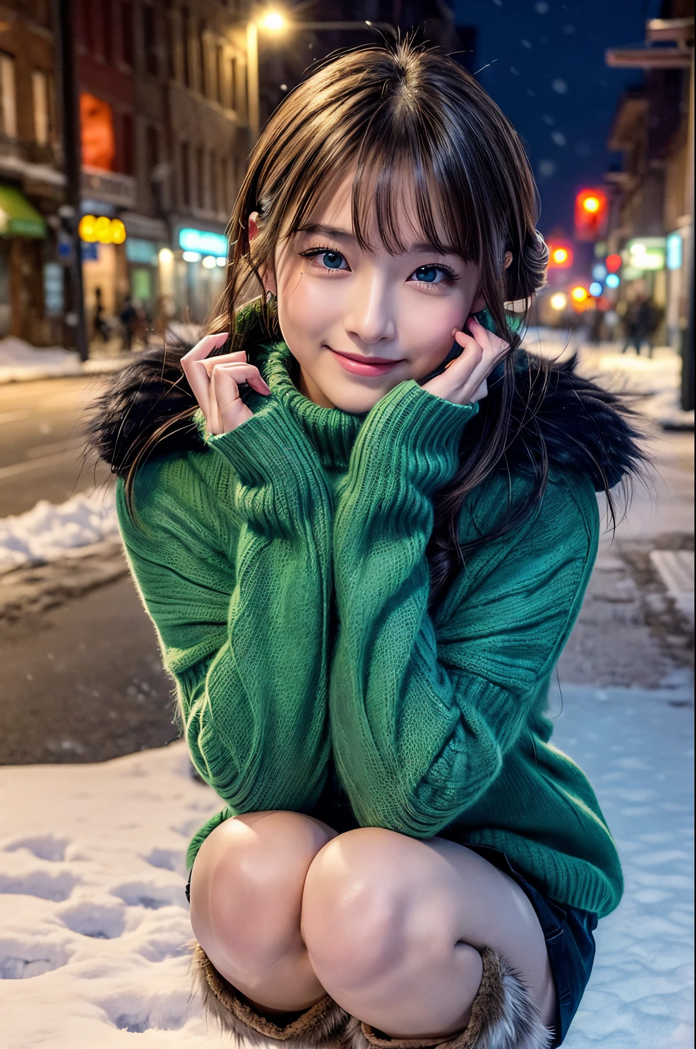 (masutepiece:1.3, Photorealsitic:1.4, 8K), top-quality, ​masterpiece, 超A high resolution, Perfect dynamic composition, Highly detailed skin and facial texture:1.3, A detailed eye, Detailed limbs, It's snowing:1.2, A night street corner in a snowy country:1.2, 1girl in, Cute sexy 22 year old slim woman, Fair skin, tilt the neck, ((voluptuous breasts:0.9), ((A smile:0.9, Totally seduces you:1.1)), (wearing a fluffy fur coat:1.3), (Wearing a yellow-green long-sleeved turtleneck sweater:1.1, a miniskirt), Short boots, (Facing the front, Squat with your knees bent), (Beautiful blue eyes, Eyes that feel beautiful eros:0.85), Sexy face:0.4, (A mouthfeel that feels beautiful eros:0.85), ((Too erotic:0.9))