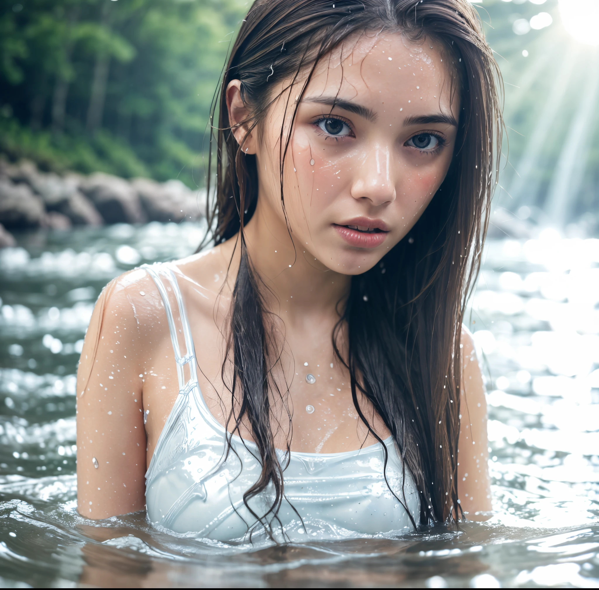 (Best quality, 4k, Masterpiece :1.3), pretty woman, 1girl, (breasts, attractive body :1.2), abs :1.1, dark brown hair: 1.1, (rainy wet, wet from rain, wet body :1.2), ultra-detailed face, detailed lips, detailed eyes, double eyelid