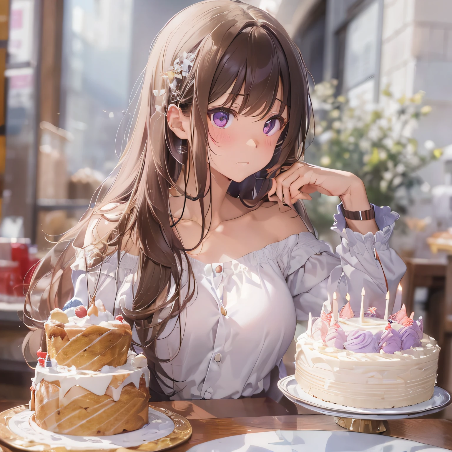 Anime girl with long brown hair sitting at a table with a cake - SeaArt AI