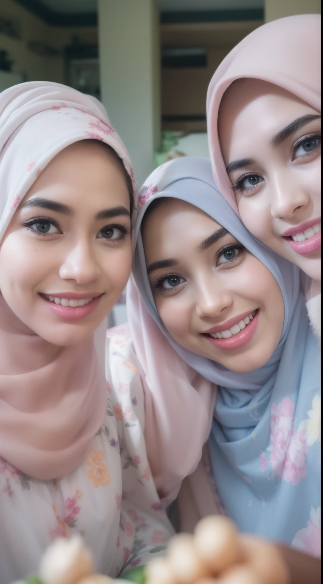 Realistic, 3 malay girls, shawl hijab, face enhancement, face extra large zoom, selfie, look up, stare at me, cleavage emphasis, laughing, sit on bed, wear pastel color cotton panties, medium breast, hard nipple, wet breast, sweating, wet body, wet face,