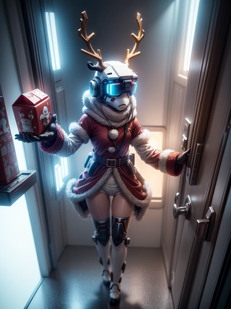 Reindeer, (blind box toy style:1.2), nuttcraker toy, (Full Body Shot) , 1 Transparent Santa claus, Behind him is a snowman and reindeer, snowflakes, Transparent mecha, Exquisite Helmet:1.2, glowing goggles:1.2, Cyberpunk, Dreamy Glow, Luminous neon lamp, clean, white background, ( Global illumination, raytracing, HDR, unreal render,reasonable design, high detailed, masterpiece, best quality, UHD, Cinematic Lighting)