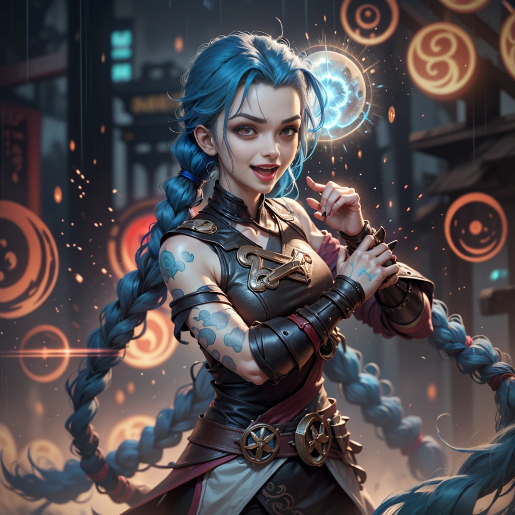 (Long-range shooting: 1.5), jinx \(league of legends\), (1girl,League of Legends Jinx),(Scarlet eyes: 1.2, crazy laughter, Blue double ponytail hair: 1.5),Kungfu,Wearing Doctor Strange costume,(Holding a particle laser cannon in hand,a revolver),Aoshu crystal, Attack status,(Snowy mountain woods,surrounded by rain,League of Legends Game World),Illustration style,The whole body is exposed to the rain for a long time,(exquisite facial features,Perfect hand features),martial arts style,(Selective focusing,full body shot of,tmasterpiece,ultra - detailed,Epic work,highest quality,8k,panorama, first-person view, atmospheric perspective, UHD, masterpiece, ccurate, anatomically correct, textured skin, high details, award winning, best quality), jinxlol