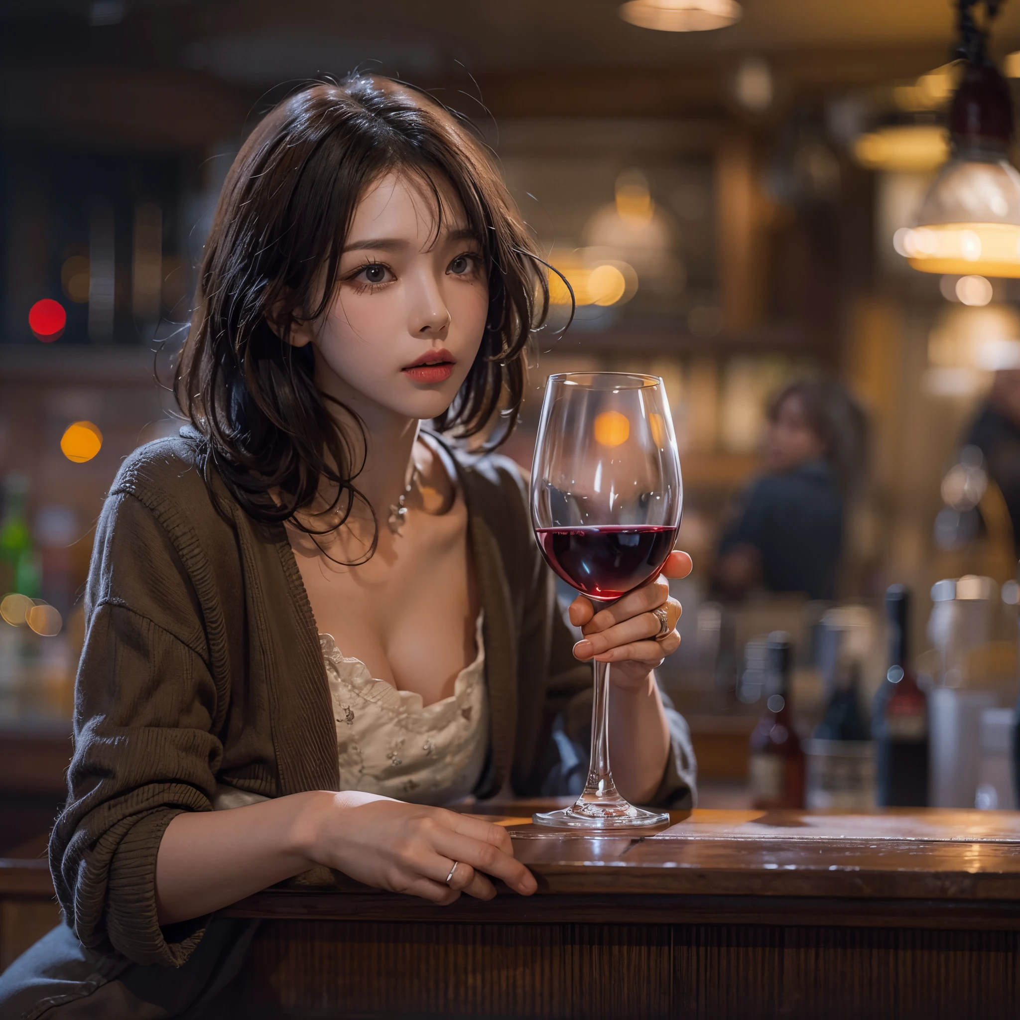 woman drinking wine at a bar、brunette disheveled hair:1.3