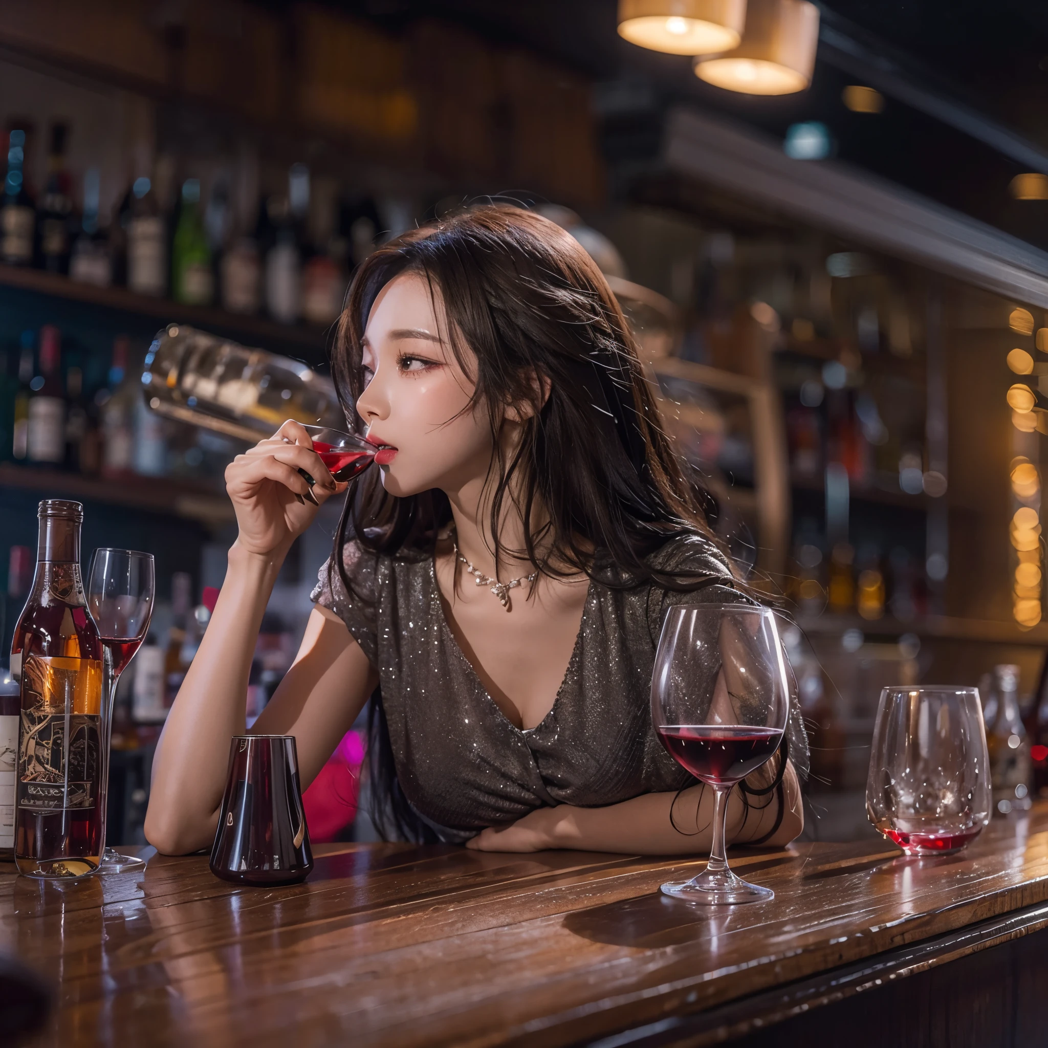 Woman sitting at a bar with a bottle of wine in her hand - SeaArt AI