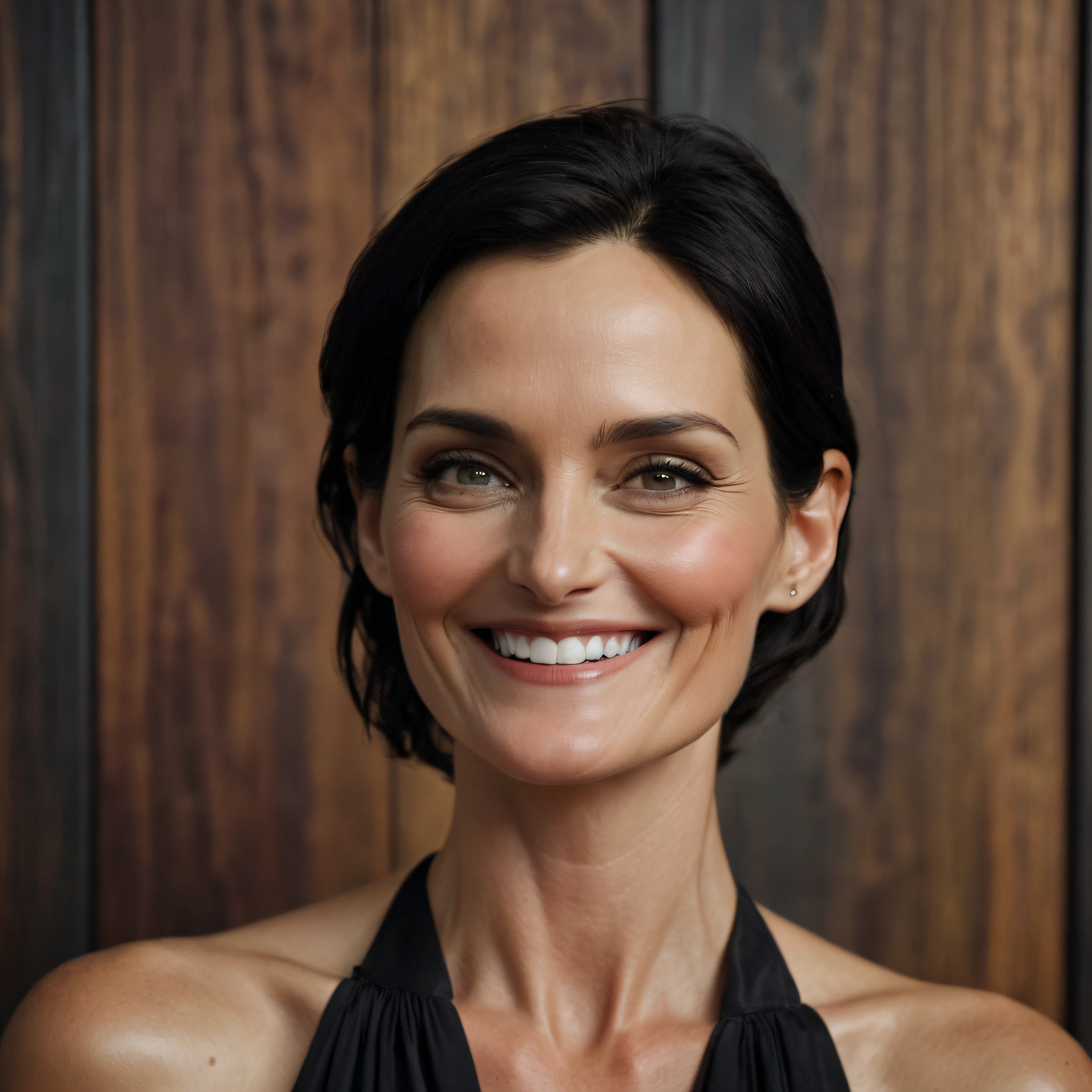 20-year-old Carrie-Anne Moss, smiling a big, toothy smile, close-up, facial portrait, a dark, stained wood panel wall in the background, professional quality digital photograph, 32k UHD, hyper realistic, photorealistic, realistic, extremely colorful, highly detailed, sharp, vibrant, masterpiece, best quality, intricate details, gorgeous, cinematic, vibrant, focused, clear