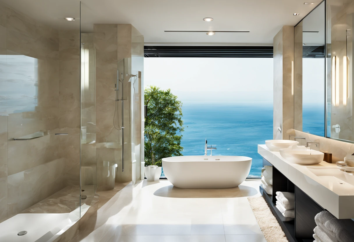 Need bathroom scene picture,Bathroom has glass window,Amazing sea view,Bathrooms need bathtubs,loo,washbasin,Bathroom towel scene minimalist,Main color is natural color