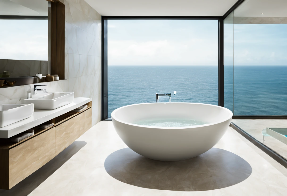 Need bathroom scene picture，Bathroom has glass window，Amazing sea view，Bathrooms need bathtubs，loo，washbasin，Bathroom towel scene minimalist，Main color is natural color