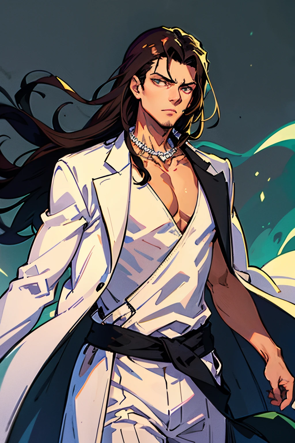 Tall strong man, swept back long brown hair, white coat, black void in chest, white robe pants, glowing green eyes, neutral facial expression, jaw bone necklace