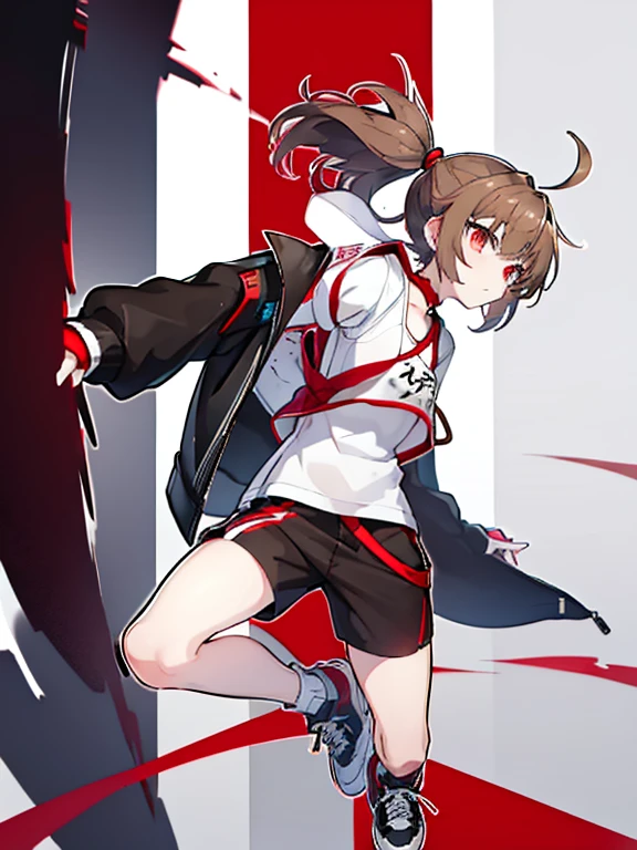 (masterpiece), best quality, expressive eyes, perfect face, anime girl with brown hair and white shirt and light brown techwear jacket, open jacket, red straps on brown vest, techwear outfit, cream jacket with red straps, techwear, anime moe artstyle, mihoyo art style, female protagonist 👀 :8, ahoge, short hair, brown hair, anime profile pic, anime style character, female protagonist, dynamic pose, profile picture, white shirt with red kanji symbol, dark techwear pants, cargo pants, bangs, sidelocks, (insane sneakers, black and white sneakers), flat chested