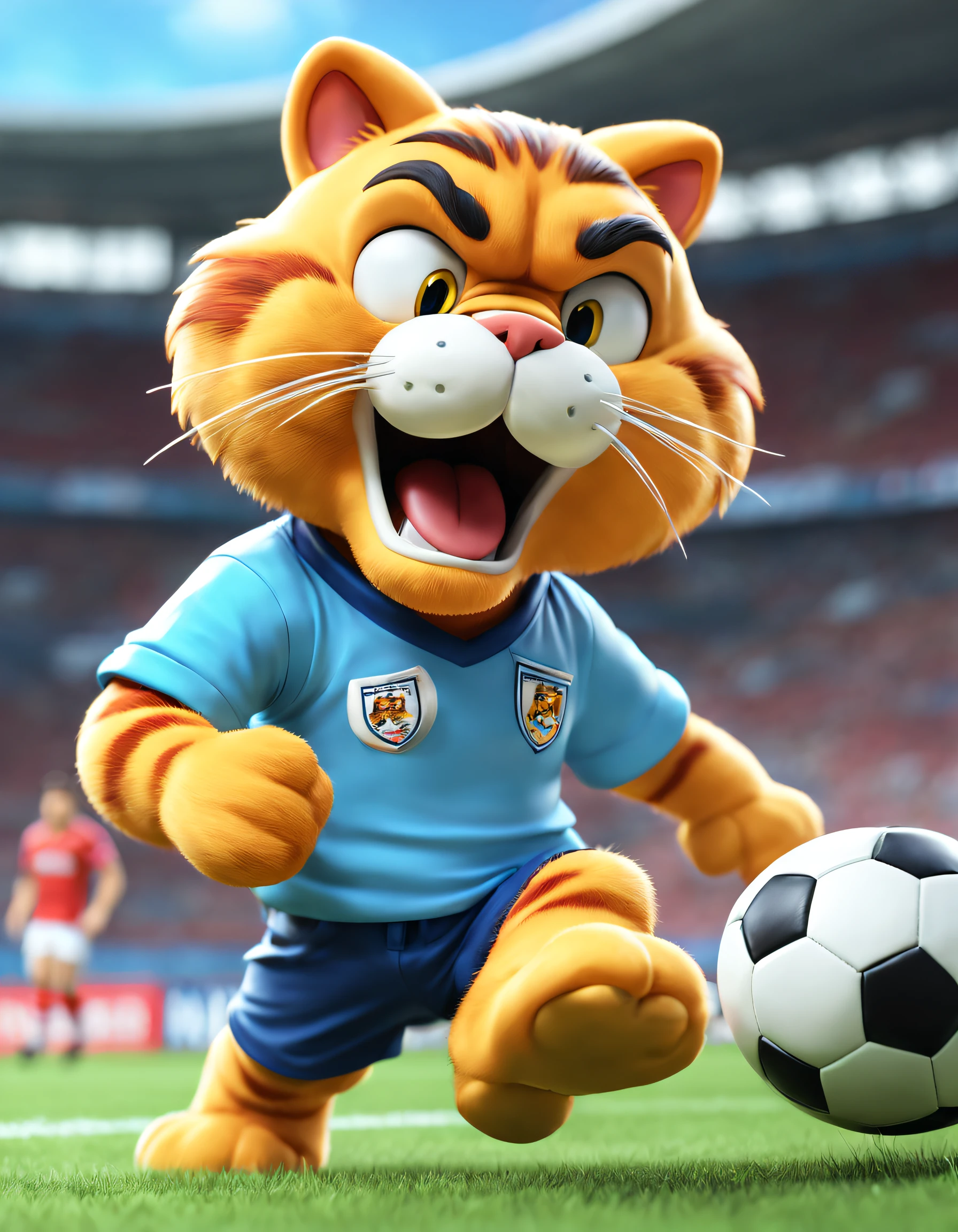 style of anime, motionblur, Ray traching, vignetting, tmasterpiece, super detailing, high detal, high high quality, Award-Awarded, A high resolution, 8K， 
(There is a Garfield playing football), （The action of shooting）, （Long tail：1.0） ，Wearing red and blue uniforms,size 10 shirt，inspired by maradona，blue soccer shoes，exaggerated serious expression, ，Hairy beard,， Garfield playing football background with： football match scene，Football goal，
 3D, Cartoonish, pixar-style, kawaii, an anthropomorphic turtle，comic strip，illustration