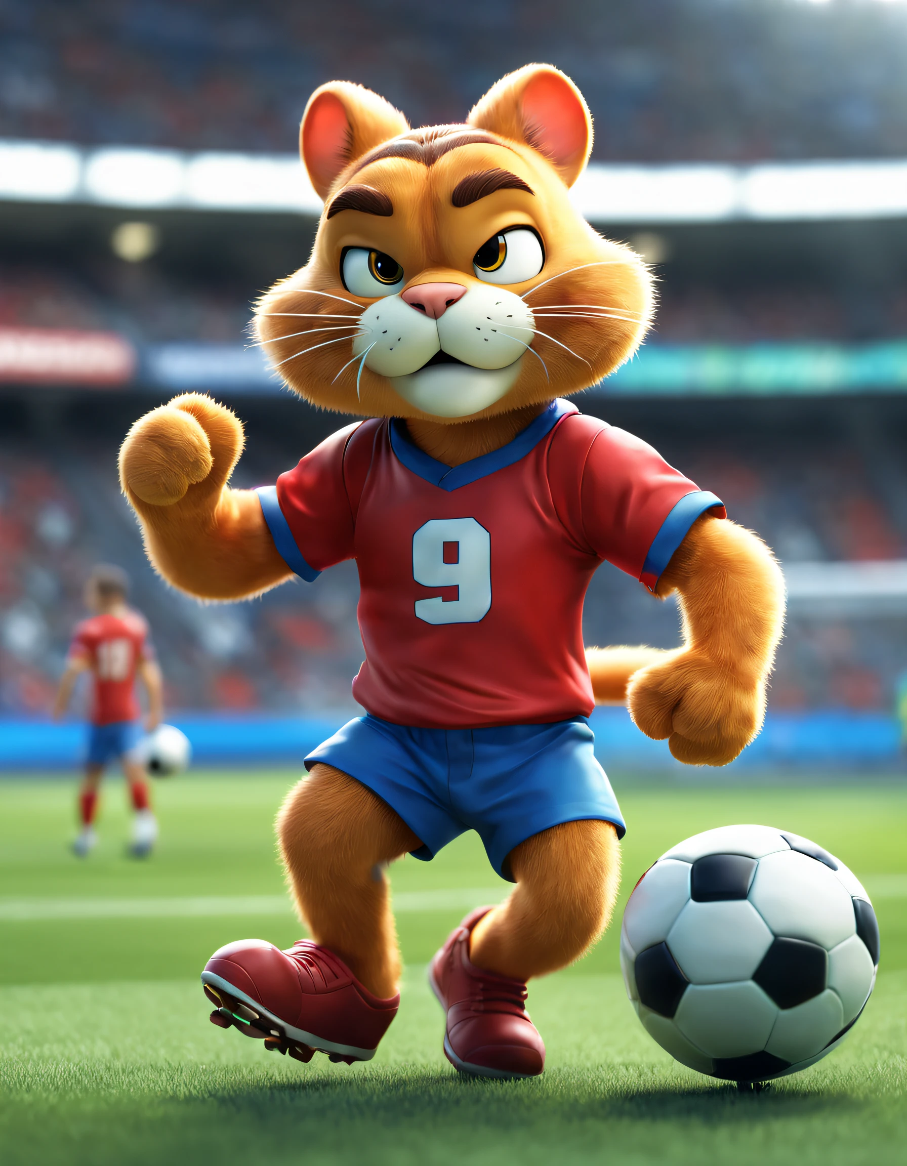 style of anime, motionblur, Ray traching, vignetting, tmasterpiece, super detailing, high detal, high high quality, Award-Awarded, A high resolution, 8K， 
(There is a Garfield playing football), （Shooting action）, Wearing red and blue uniforms,size 10 shirt，Maradona，blue soccer shoes，exaggerated serious expression, ，Hairy beard,（Long tail：1.0）， 
Background with： football match scene，Football goal，
 3D, Cartoonish, pixar-style, kawaii, an anthropomorphic turtle，comic strip，