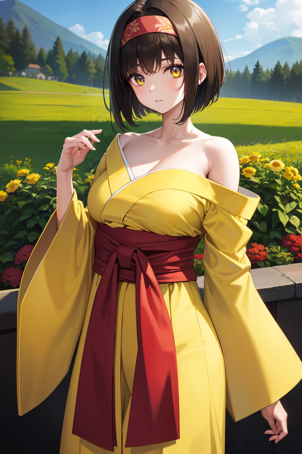 pokemonerika, pokemonerika, (yellow eyes:1.5), black hair, headband, short hair,
BREAK japanese clothes, off shoulder kimono, bare shoulders, yellow kimono, hakama, red hakama, long sleeves, wide sleeves,
BREAK looking at viewer, upper body, full body, (cowboy shot:1.5),
BREAK outdoors, flower field, many flowers
BREAK (masterpiece:1.2), best quality, high resolution, unity 8k wallpaper, (illustration:0.8), (beautiful detailed eyes:1.6), extremely detailed face, perfect lighting, extremely detailed CG, (perfect hands, perfect anatomy),